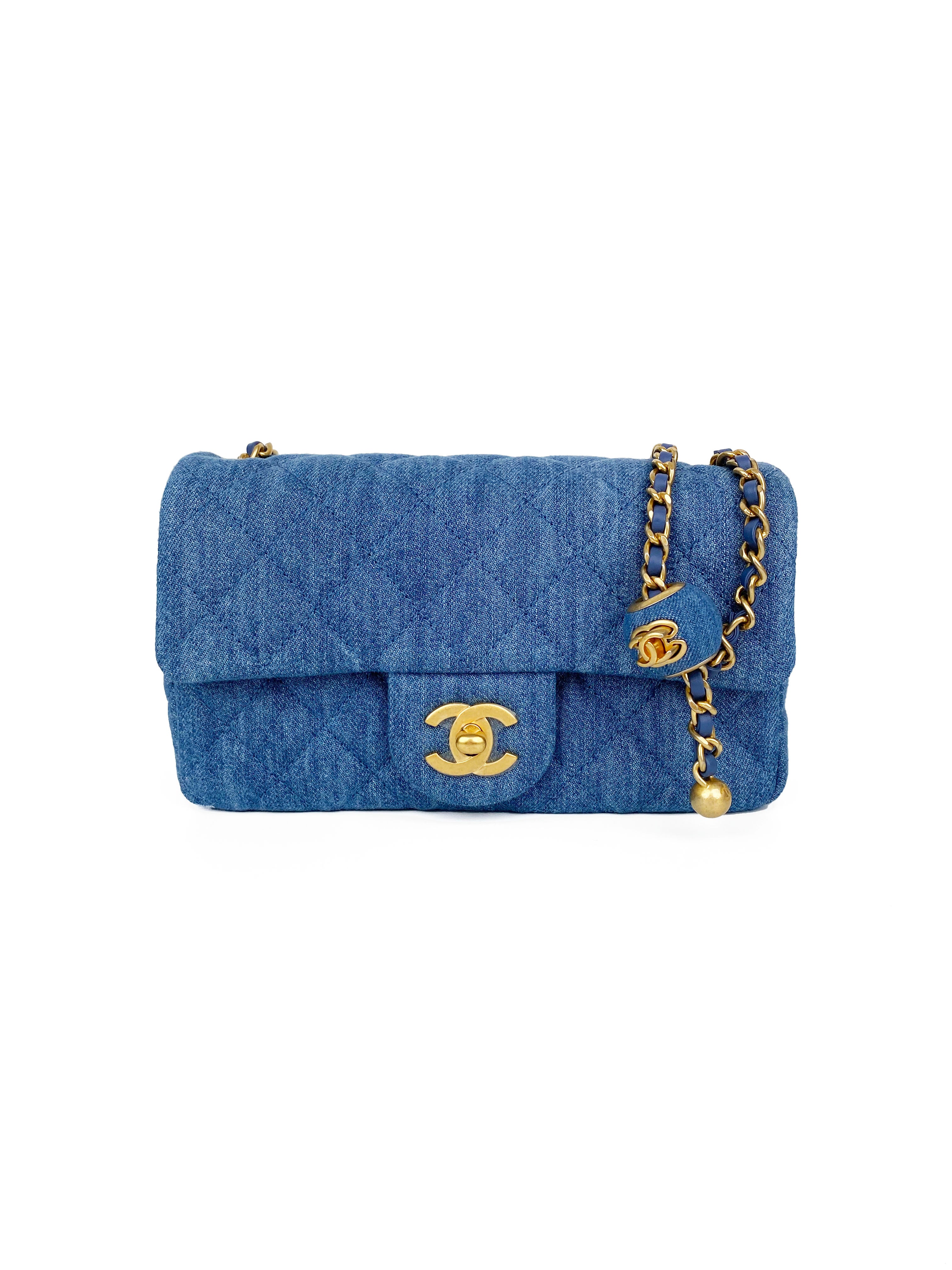 Chanel Mini Denim Classic Flap Bag with Pearl Crush Chain - Luxury Designer Crossbody Purse for Women | Perfect for Date Night, Parties & Everyday Use
