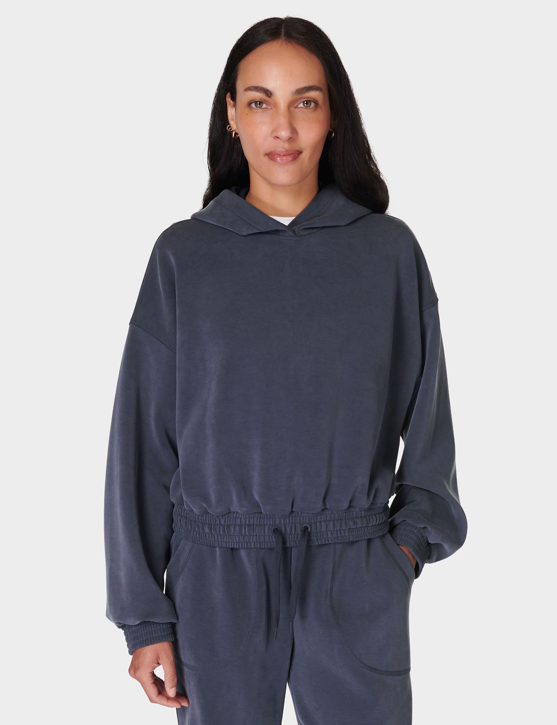 Sand Wash Crop Hoodie - Navy Blue | Soft & Stylish Women's Pullover for Casual Wear, Gym & Lounge