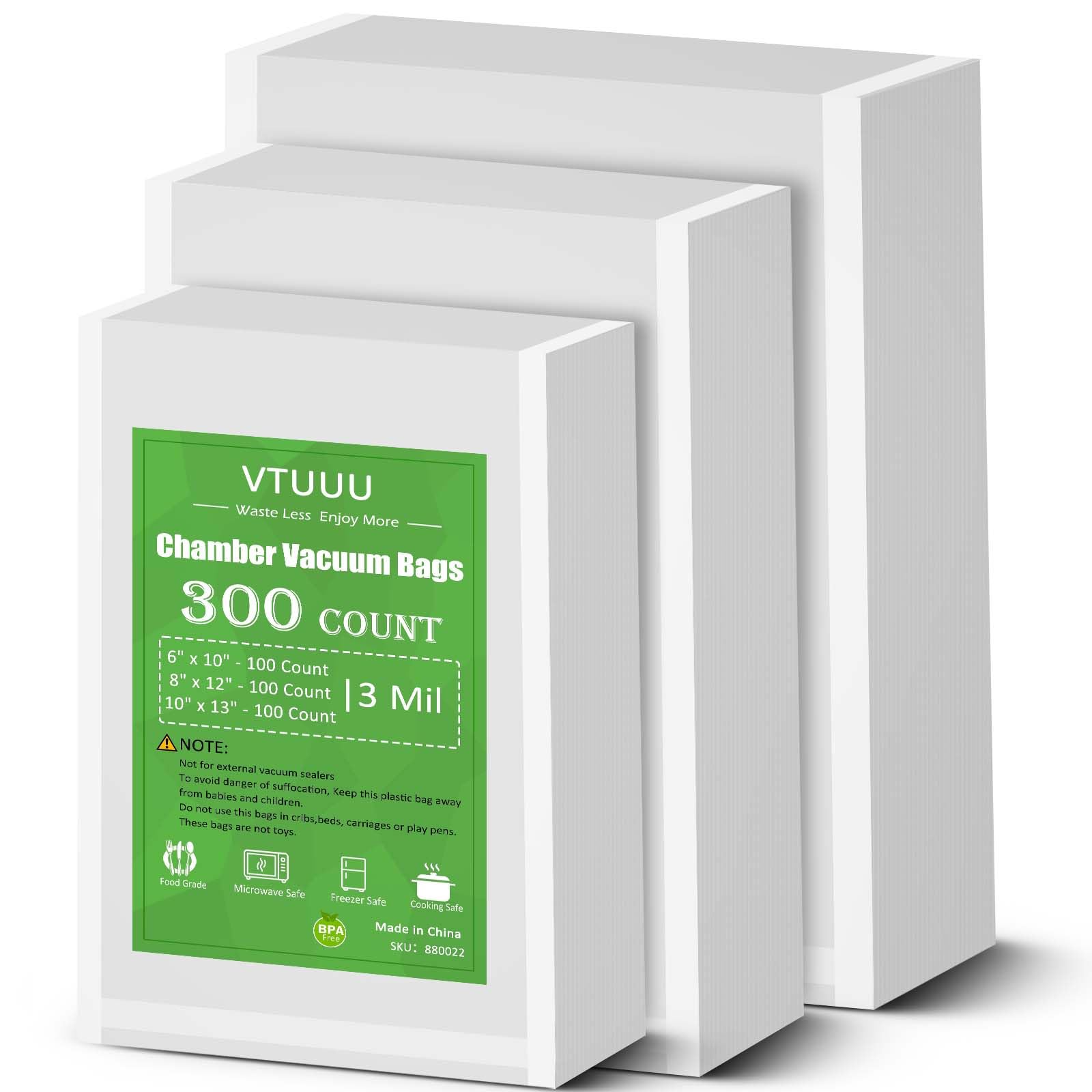 Premium Chamber Vacuum Sealer Bags 300 Count - 6x10, 8x12, 10x13 Inch - 3-Mil Thick BPA-Free Heavy Duty Vacuum Pouches for Food Storage, Sous Vide, Meal Prep & Commercial Kitchens