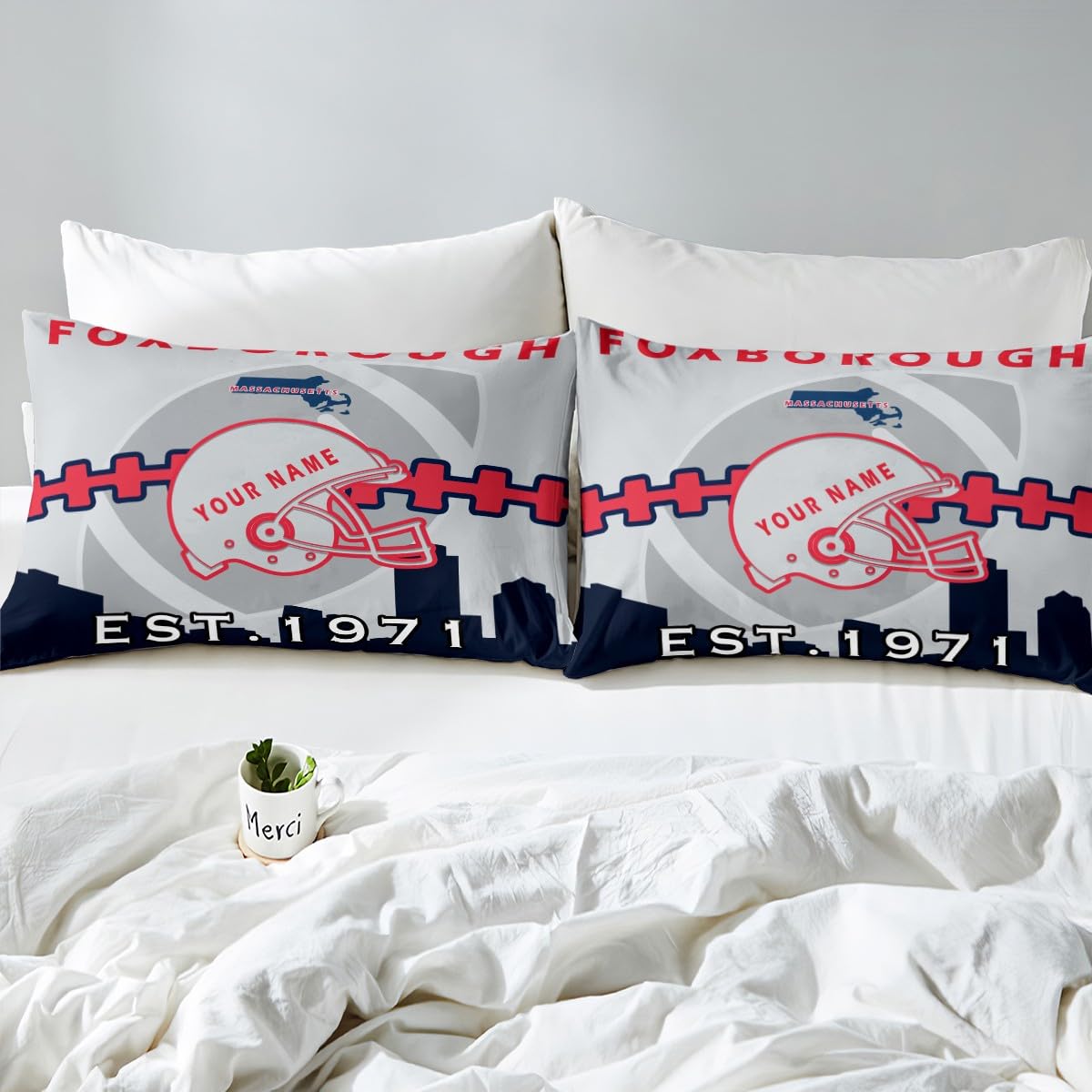 Custom Football Fitted Twin Sheet Set for Boys - Rugby & Helmet Design Bedding with 1 Pillowcase - Perfect Gift for Football Lovers & Fans - Ideal for Kids Bedroom, Dorm Decor (Foxborough Patriots Theme)