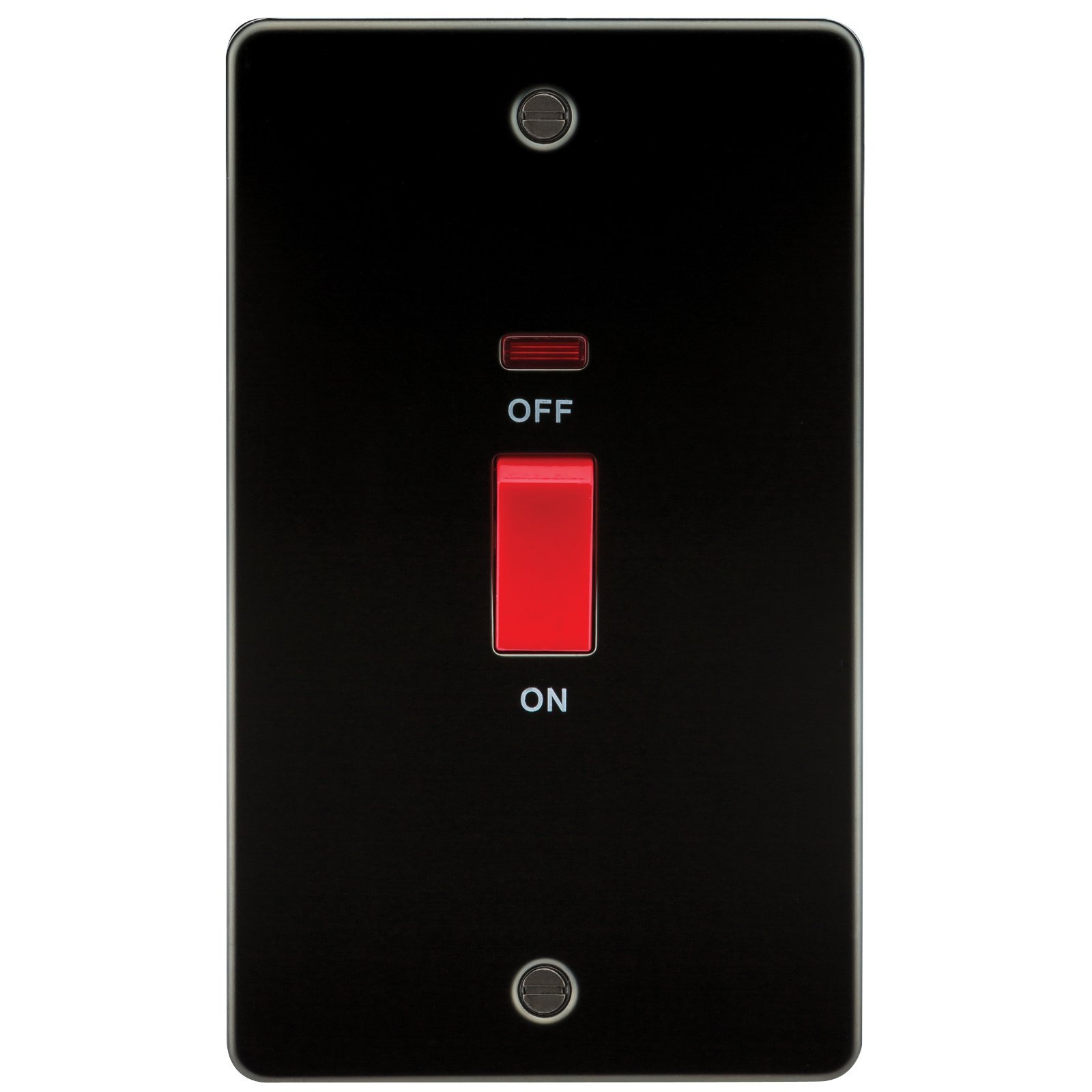 Knightsbridge FPAV8332NGM 45A 2-Gang Flat Plate Double Pole Switch with Neon Indicator in Gunmetal - Ideal for Home & Office Lighting Control
