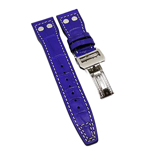 21mm Blue Alligator Leather Watch Band for IWC Pilot Watches - Rivet Lug & Semi-Square Tail Design - Premium Replacement Strap for Men's Luxury Watches - Perfect for Business, Casual & Formal Occasions