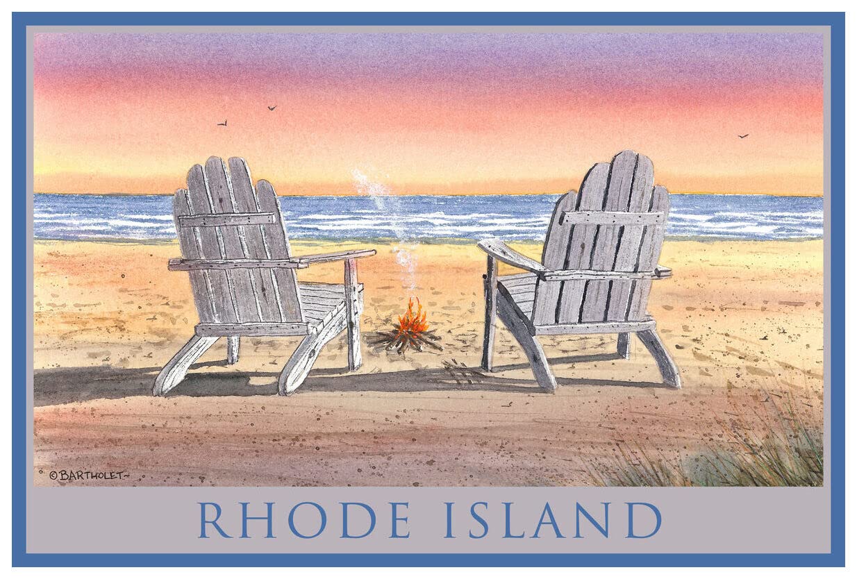 Dave Bartholet Watercolor Adirondack Chairs on Rhode Island Beach Art Print - 12x18 Inch Giclee Poster for Coastal Home Decor, Beach House Wall Art, Living Room & Office Decoration
