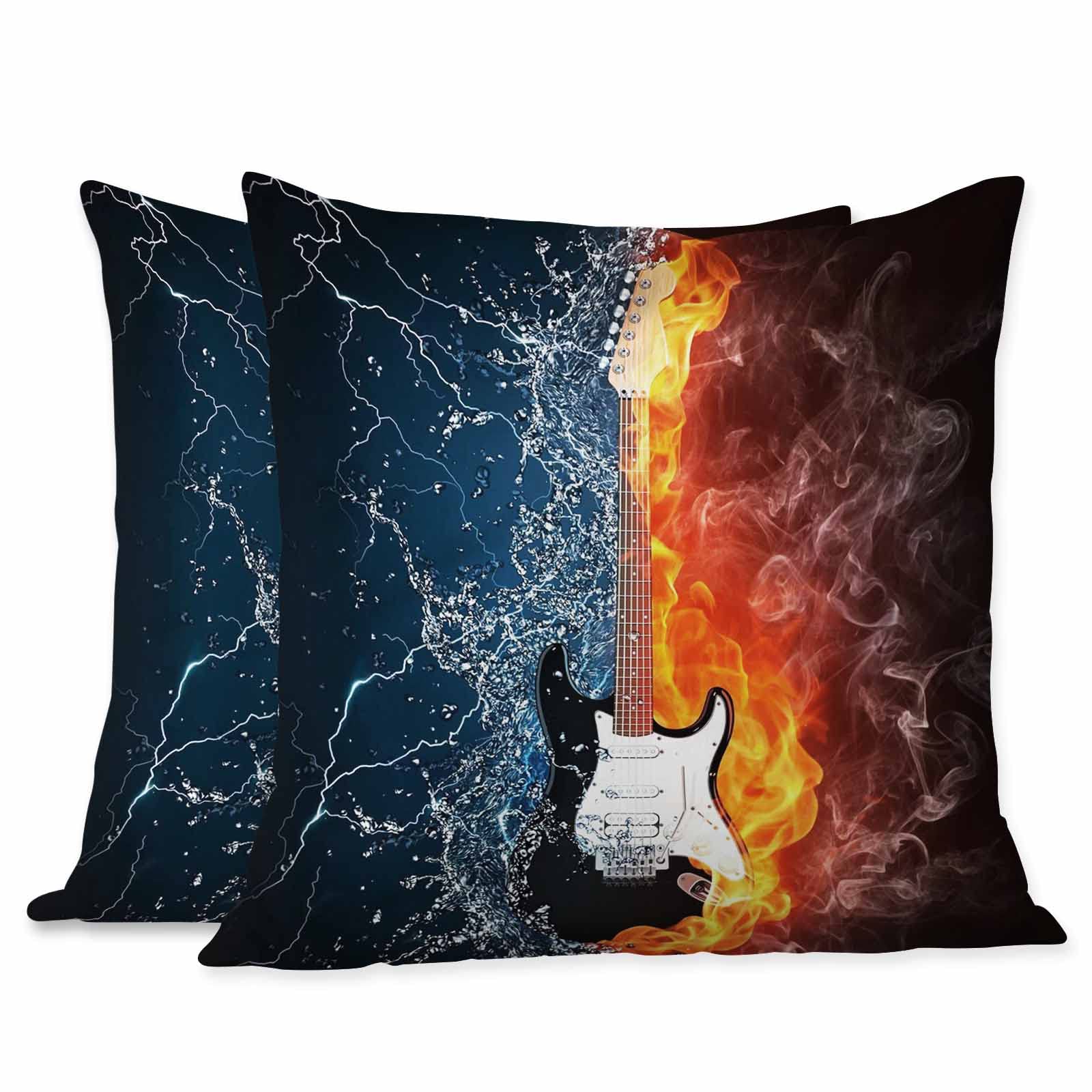 Electric Guitar Music Throw Pillow Covers 18x18 Inch - 2 Pack Soft Decorative Cushion Covers with Burning Fire & Liquid Water Design for Sofa, Couch, Bed - Perfect for Music Lovers' Living Room & Bedroom Decor