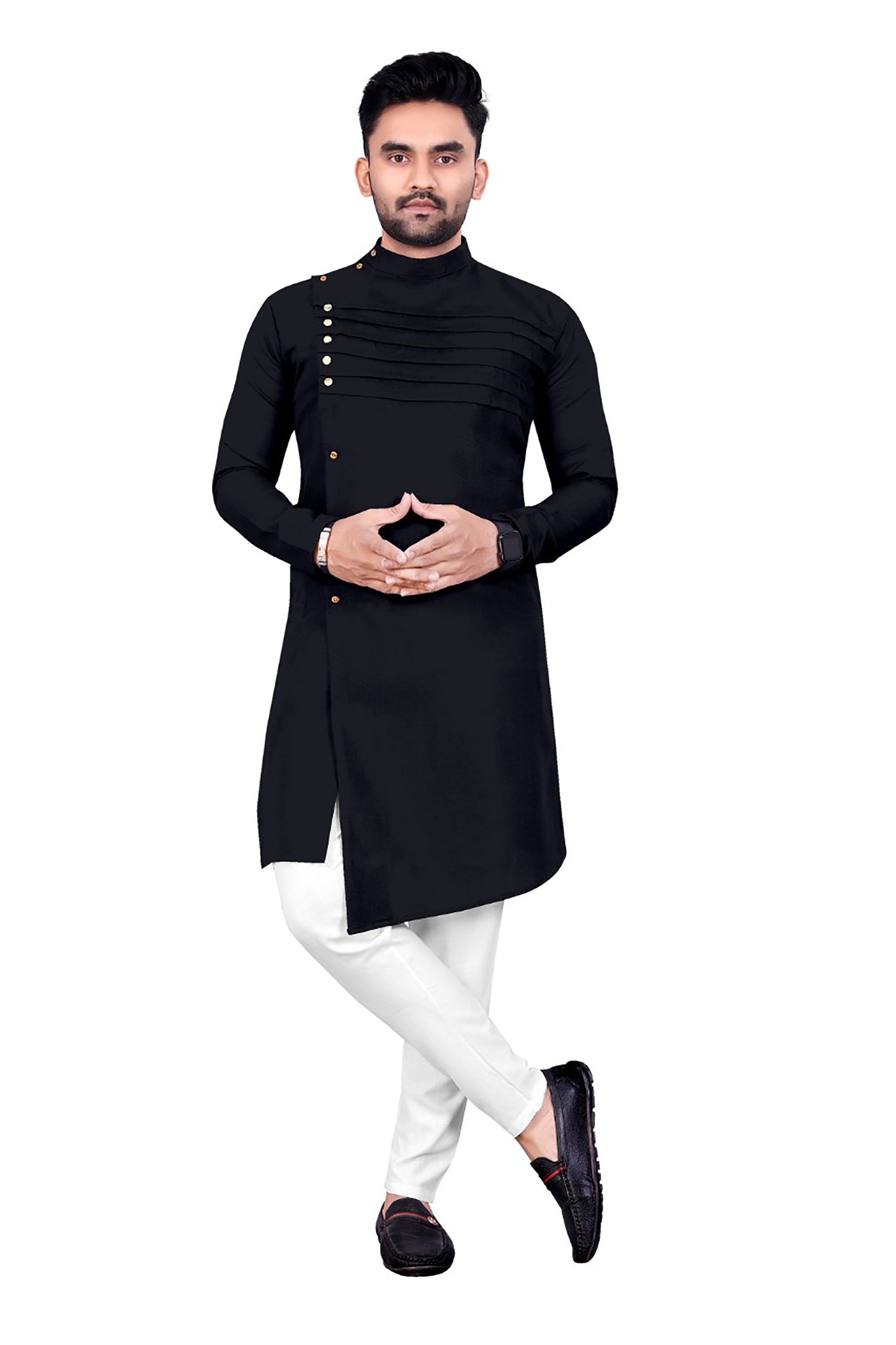 Black Traditional Ready-Made Men's Kurta with White Payjama - Comfortable Ethnic Wear for Festivals, Weddings & Cultural Events