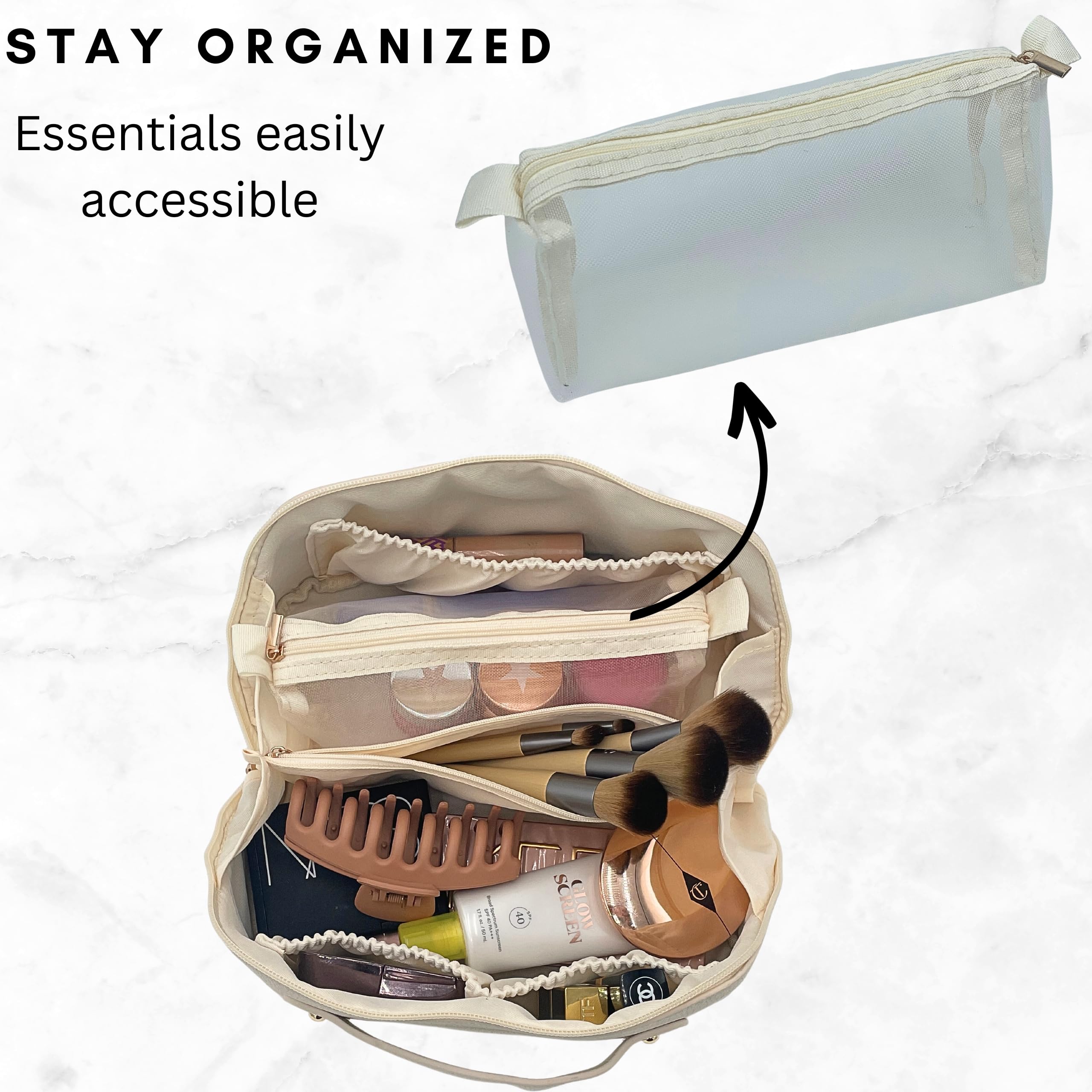 Large Capacity Waterproof Leather Travel Cosmetic Bag - Flat Opening Makeup Organizer with Handle & Divider for Easy Access | Perfect for Vacation, Gym & Daily Toiletry Storage