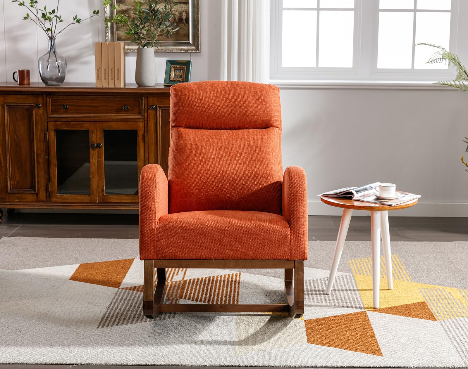 Comfortable Upholstered Nursery Rocking Chair with Side Pocket - High Back Support Glider Rocker, Solid Wood Base Accent Armchair for Living Room, Bedroom & Office - Perfect for Nursing, Reading & Relaxing (Orange)