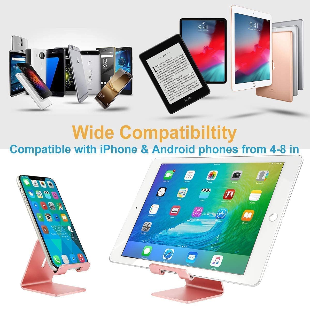 Premium Rose Gold Phone Stand Holder - Dual Angle Adjustable Desk Stand for iPhone, Samsung & Smartphones | Perfect for Home Office, Video Calls & Hands-Free Viewing