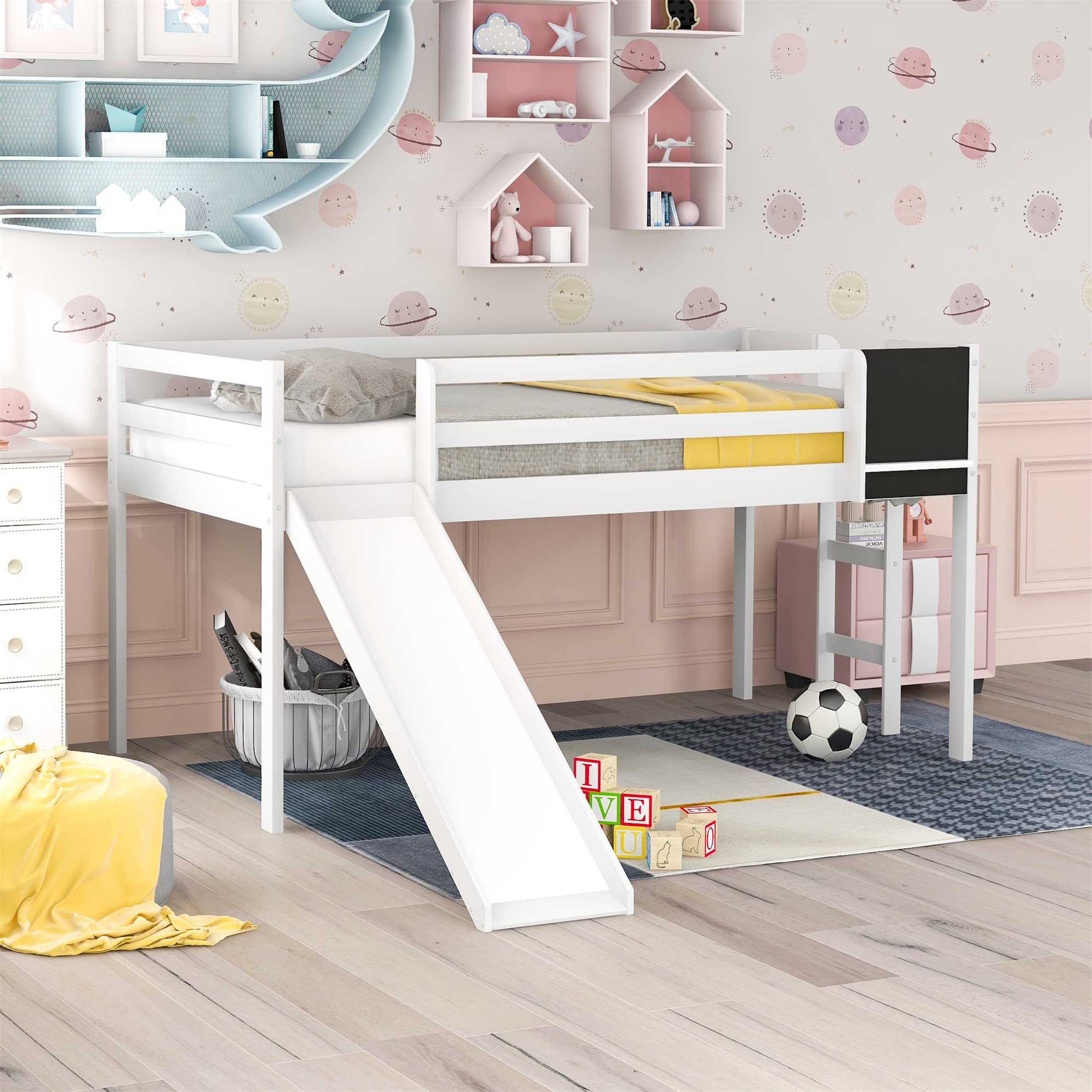 Harper & Bright Designs Twin Loft Bed with Slide - Solid Wood Low Bunk Bed with Chalkboard for Kids, Girls & Boys - White | Perfect for Small Bedrooms, Playrooms & Kids' Shared Spaces