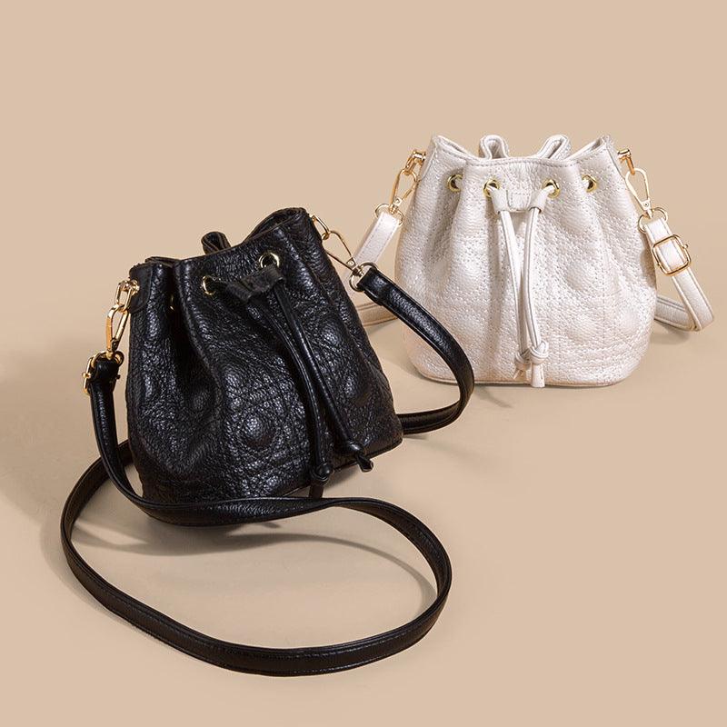 Luxury Cowhide Bucket Bag with Cloud Pearl Accents - Elegant Women's Leather Handbag for Work, Date Night & Special Occasions