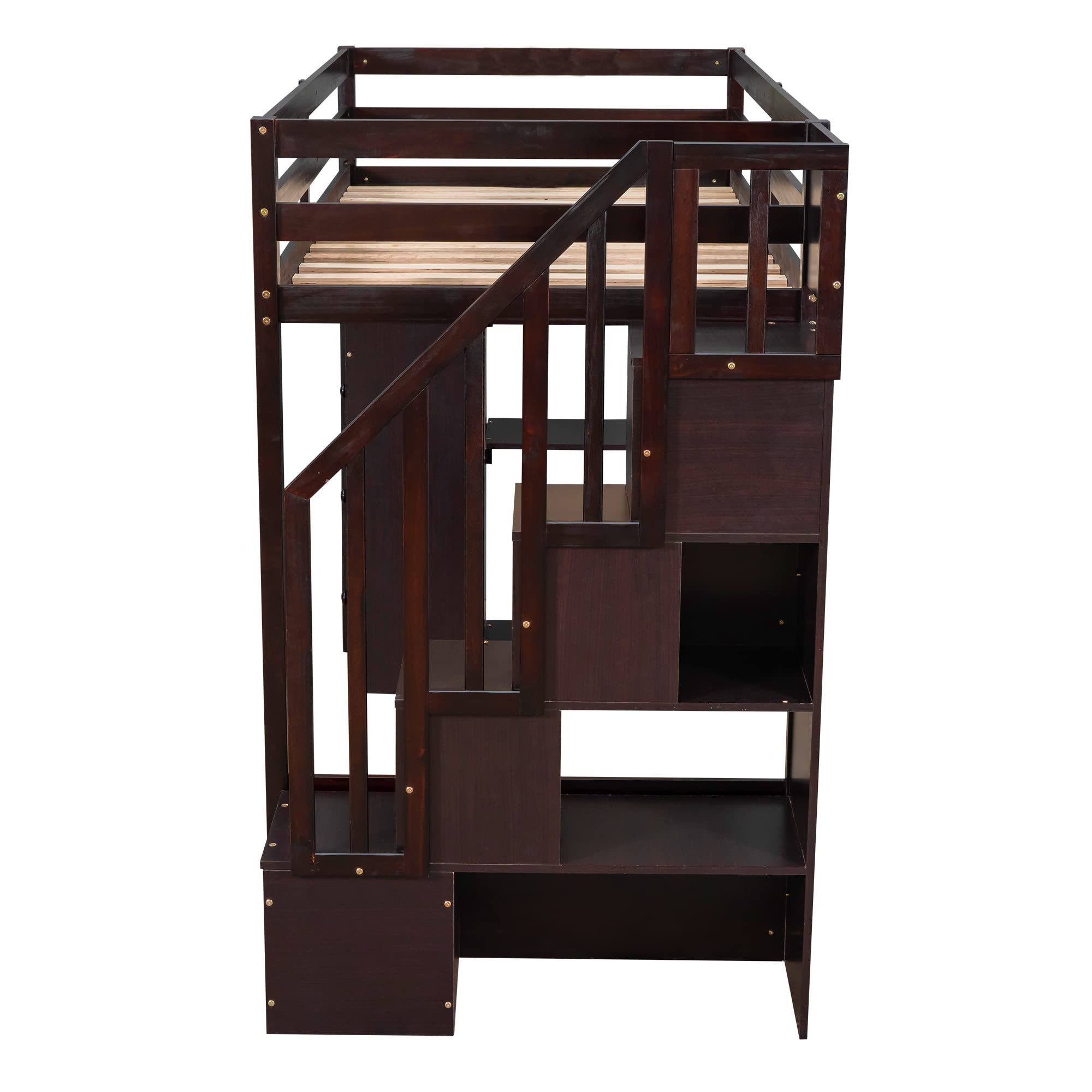 Merax Twin-Size Wooden Loft Bed with Storage Drawers, Stairs & Shelves - Space-Saving Kids & Teens Bedroom Furniture for Small Rooms - Espresso Finish