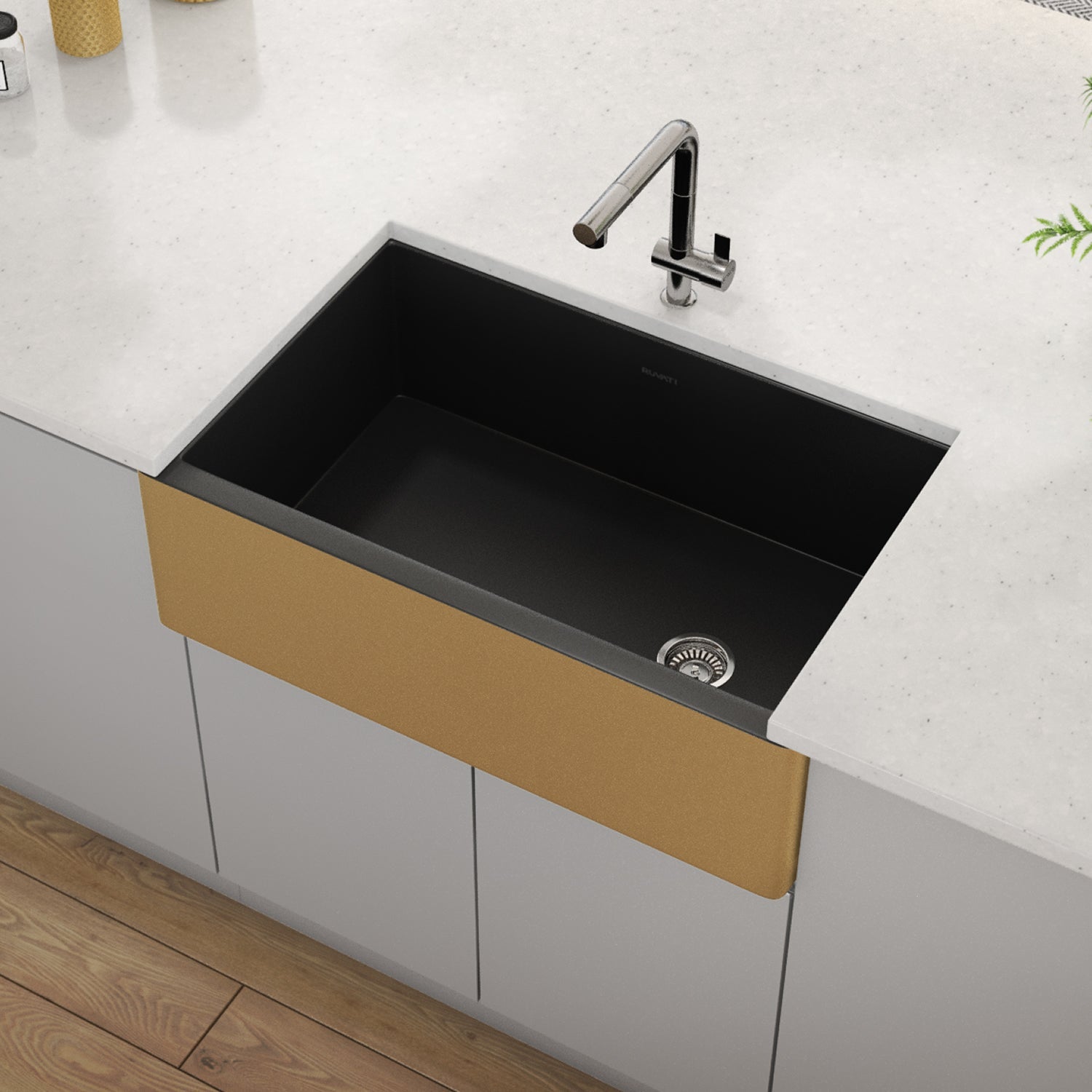 Farmhouse Fireclay Kitchen Sink 30x18 Inches Single Bowl in Black and Gold - Perfect for Modern Farmhouse and Rustic Kitchen Decor