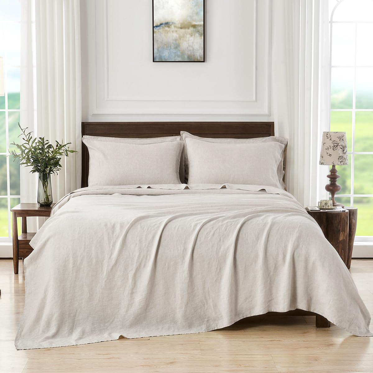 Premium 100% Organic French Linen Bed Sheet Set - Stone Washed Flax 4 Piece (1 Flat Sheet, 1 Fitted Sheet, 2 Pillow Cases) - California King Size - Natural Linen Fabric - Breathable & Eco-Friendly Bedding for Luxury Hotels & Home Master Bedrooms
