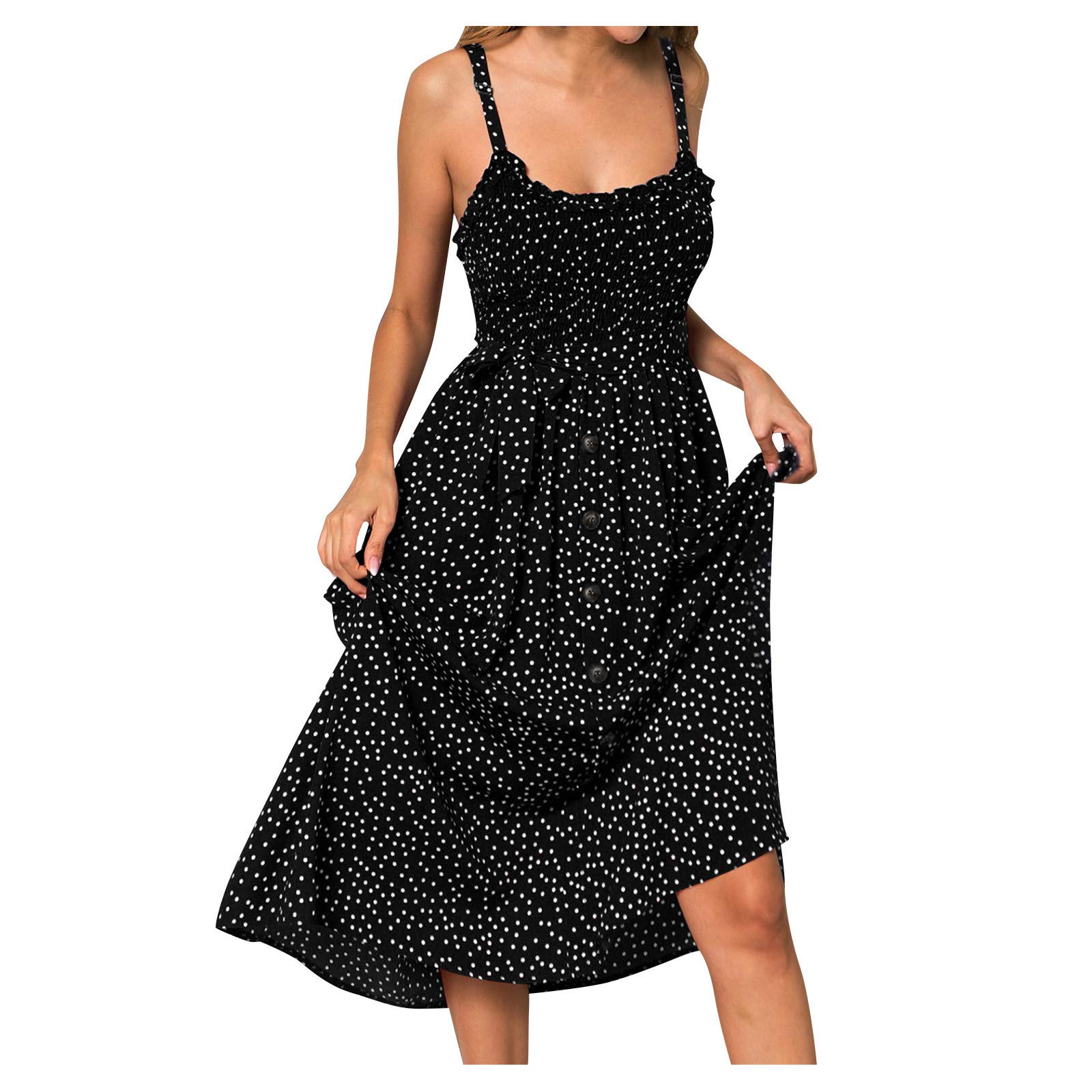 Women's Cotton Sleeveless Flounce Tee Dress with Polka Dot Print - Casual Summer Dress for Beach, Vacation & Everyday Wear