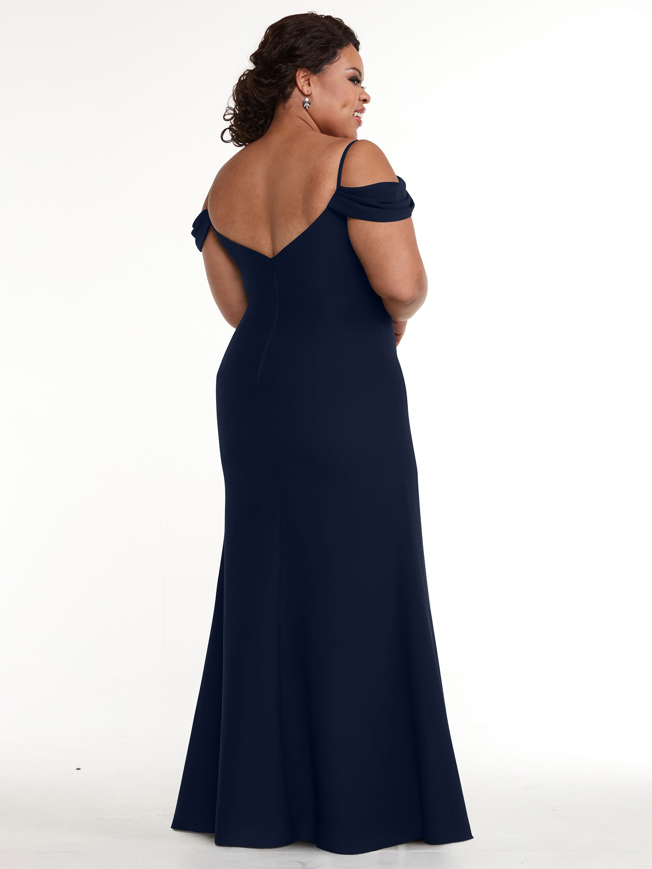 Elegant 83029 Fitted Stretch Chiffon Off-The-Shoulder Bridesmaid Dress with High Slit - Perfect for Weddings, Prom & Formal Events