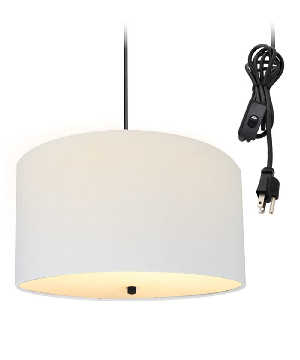 HomeConcept 2-Light Plug-in Swag Pendant with White Linen Drum Shade & Diffuser - 16 Inch Black Cord for Kitchen Island, Dining Room, or Bedroom Lighting