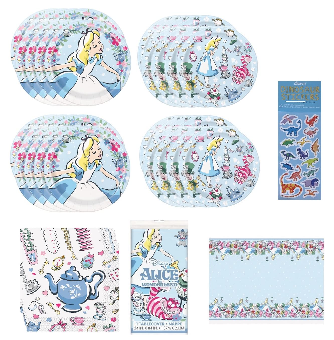Alice in Wonderland Birthday Party Supplies Bundle - 16-Piece Set with Dessert Plates, Lunch Plates, Napkins & Table Cover - Perfect for Kids' Themed Parties, Baby Showers & Tea Party Decorations