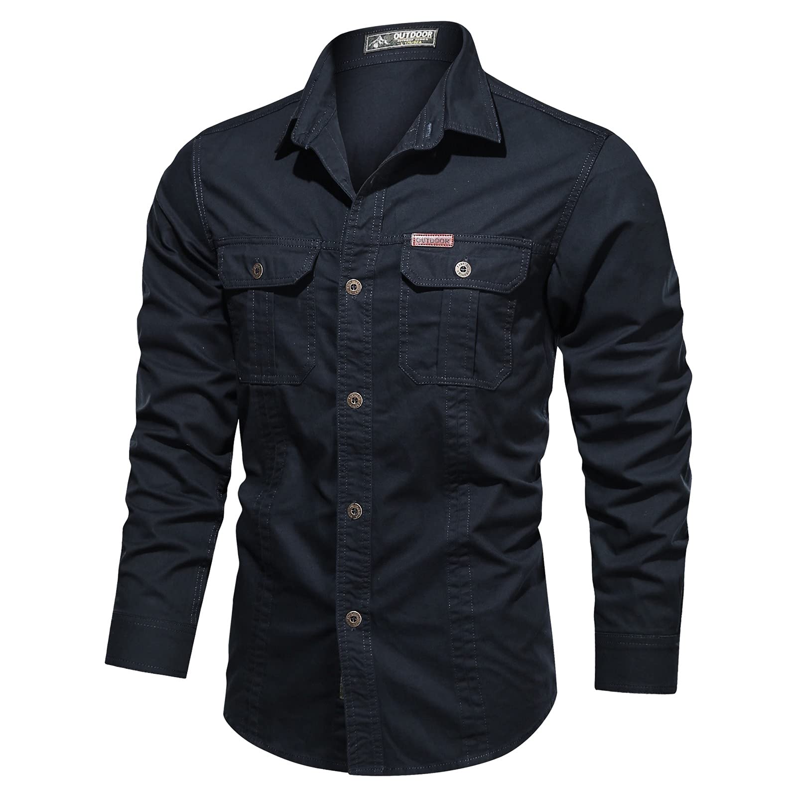 Men's Black Military Style Button Down Shirt - Cotton Long Sleeve Washed Shirt for Outdoor Activities (Blue, XXL) - Perfect for Camping, Hiking & Casual Wear
