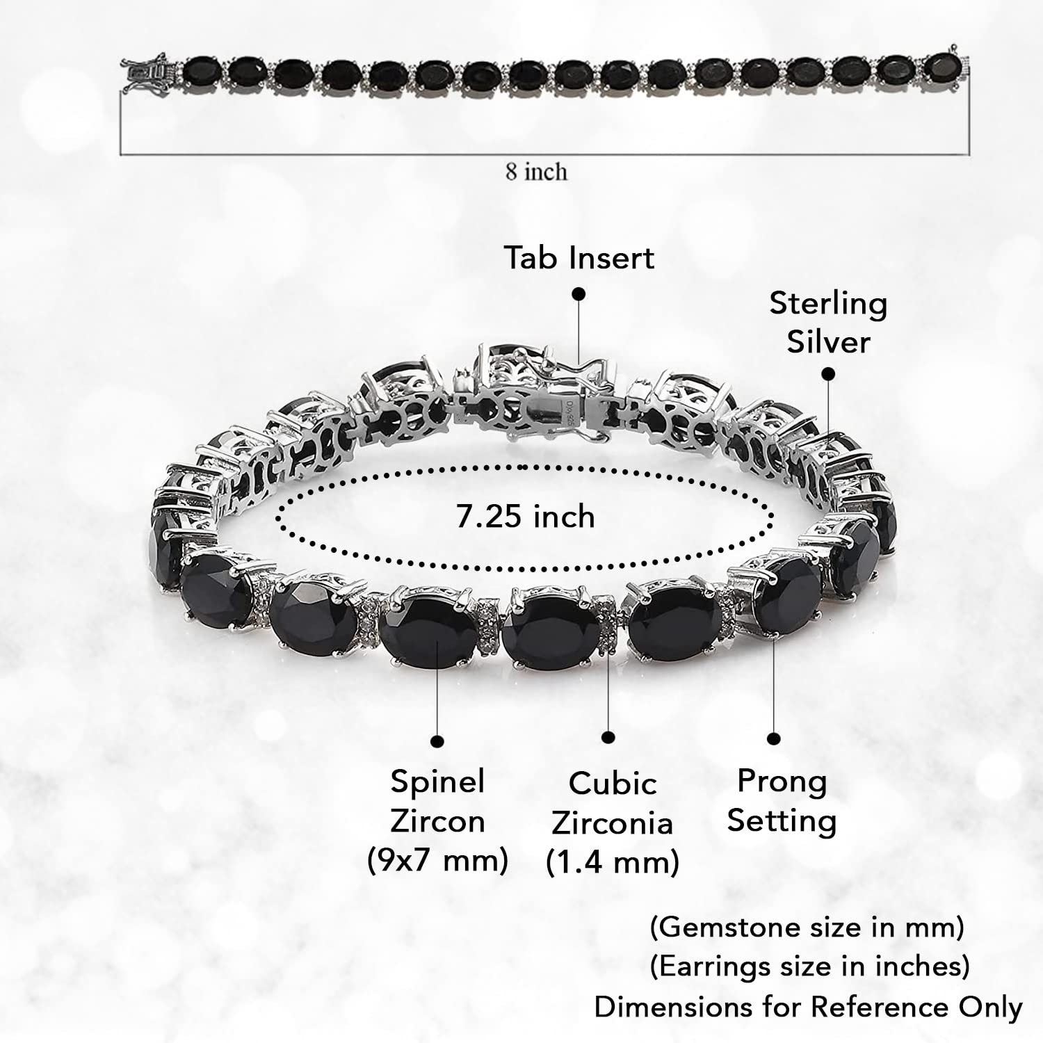 Natural Black Spinel Tennis Bracelet for Women - 925 Sterling Silver Platinum Plated with Zircon Birthstone | Size 7.25
