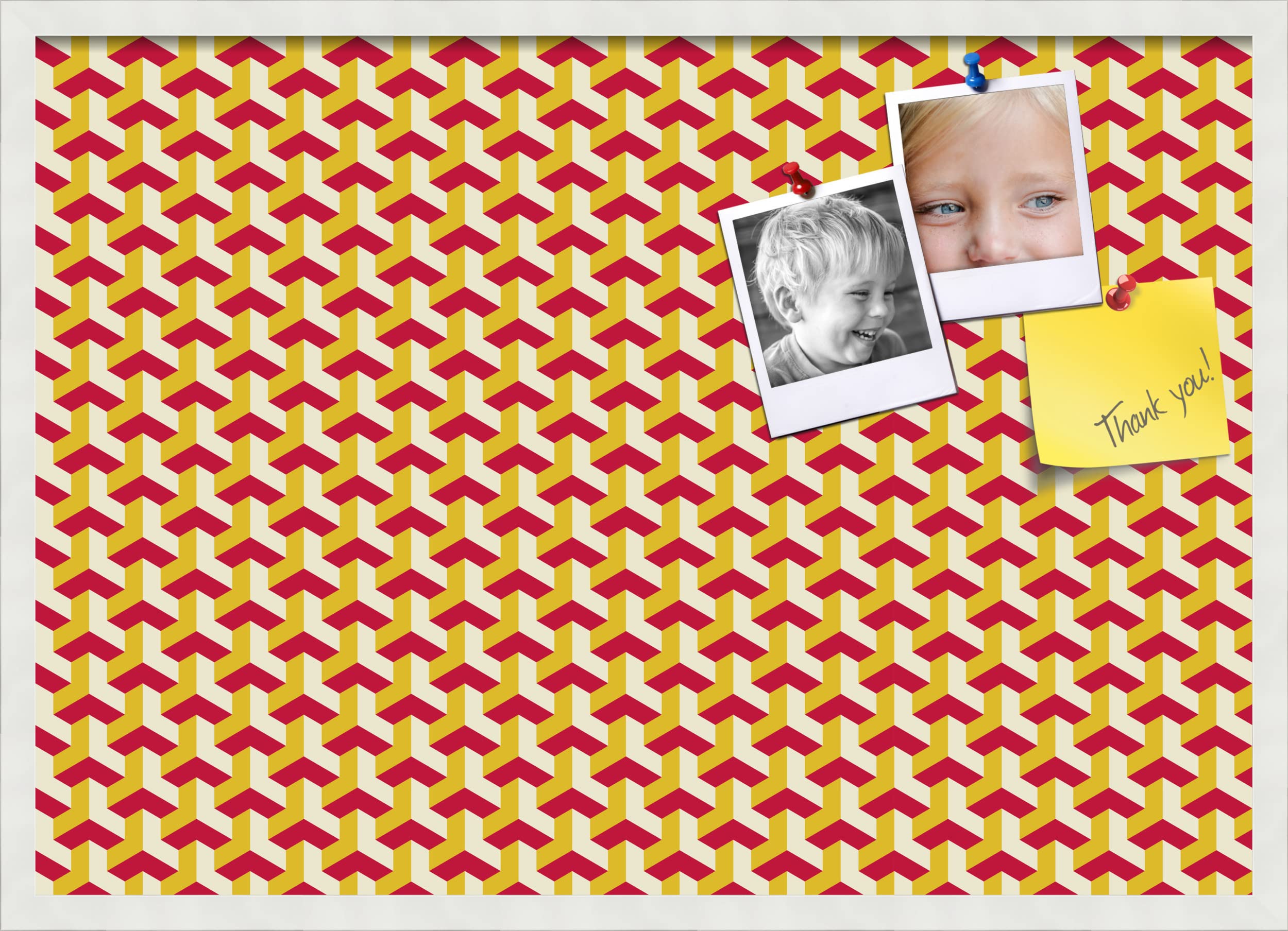 PinPix 34x24 Inch Cork Bulletin Board with Red Gold Design & White Frame - Decorative Pin Board for Home Office School - Perfect for Notes, Photos, and Memos (PinPix-1533)