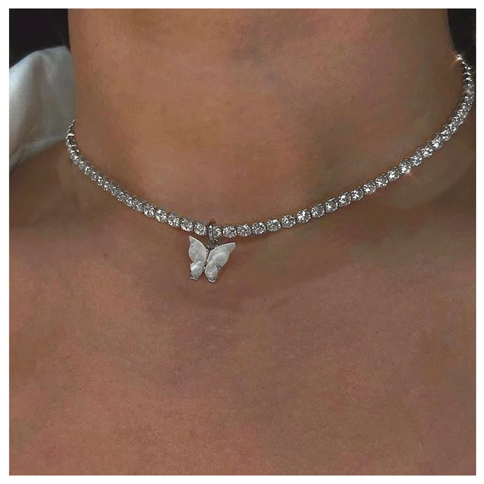Sparkly Rhinestone Chain Necklace with Boho Butterfly Pendant - Silver Tennis Choker & CZ Crystal Collar Necklace Jewelry for Women & Girls - Perfect for Parties, Weddings & Everyday Fashion Accessories