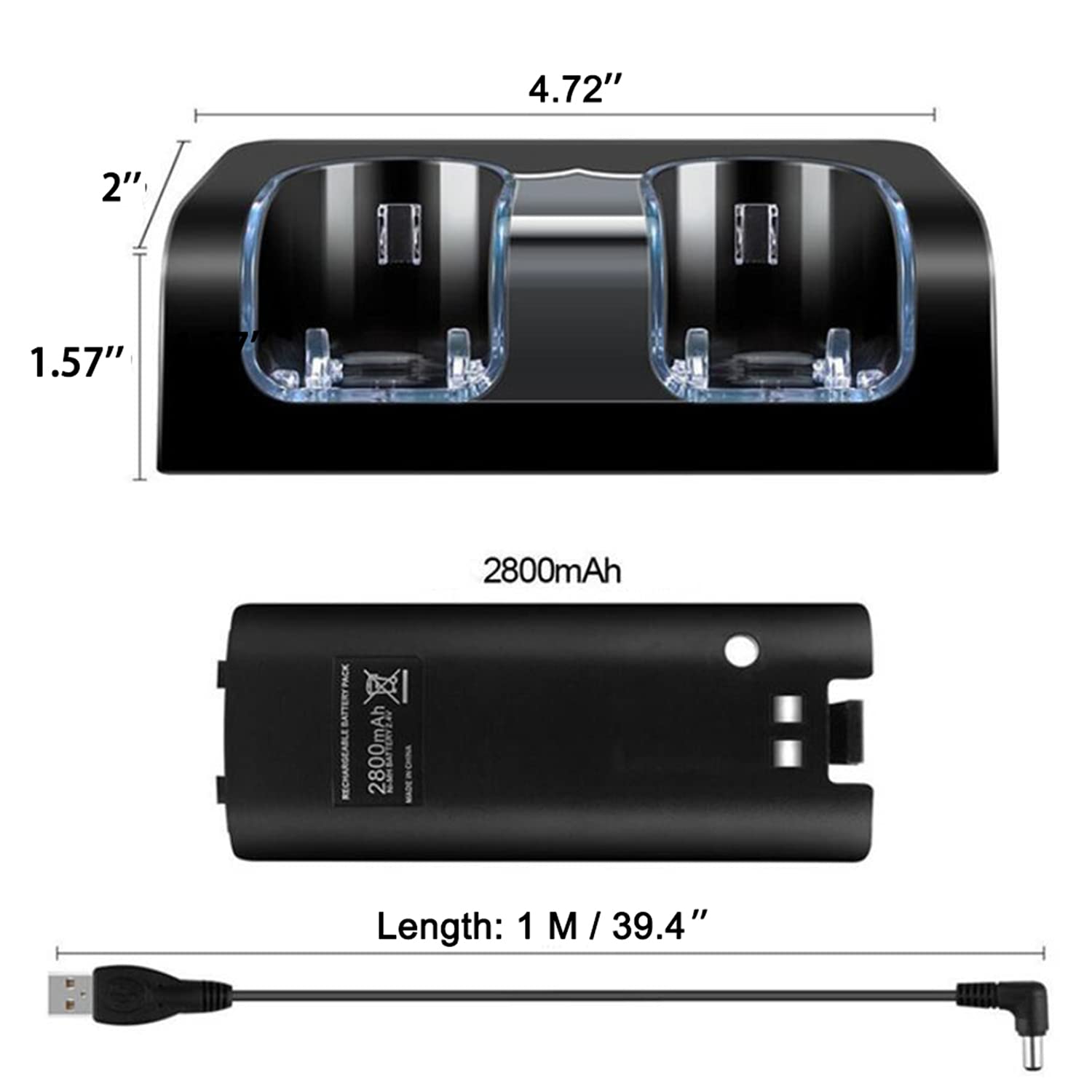 OSTENT Nintendo Wii Remote Controller Charger Dock Station with 2 Rechargeable Battery Packs - Black | Wireless Charging Solution for Wii Gaming Accessories | Perfect for Family Game Nights & Multiplayer Sessions