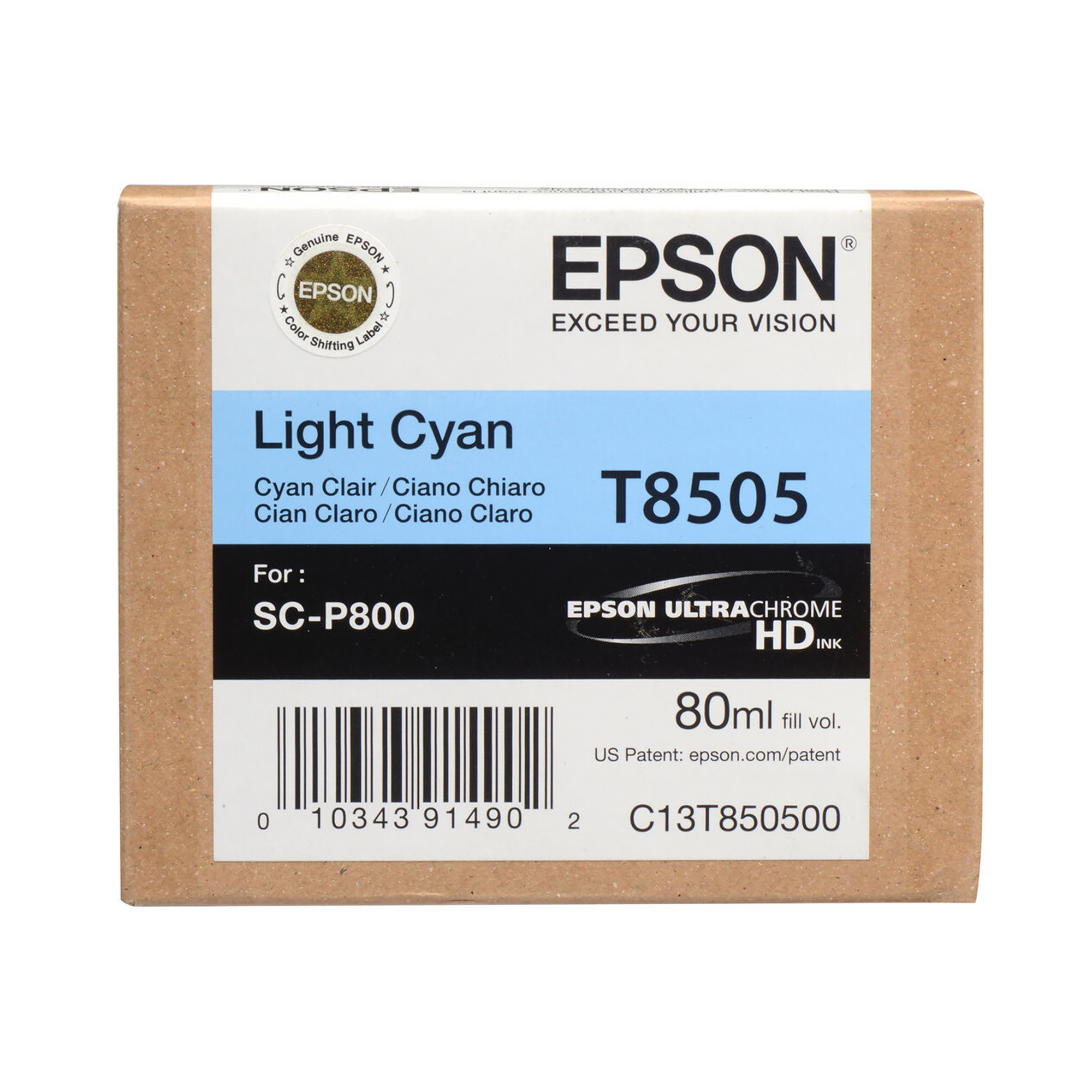 Epson T850500 UltraChrome HD Light Cyan Ink Cartridge (80mL) - Compatible with SureColor P800 Printer | High-Quality Photo Printing for Professional Photographers & Artists