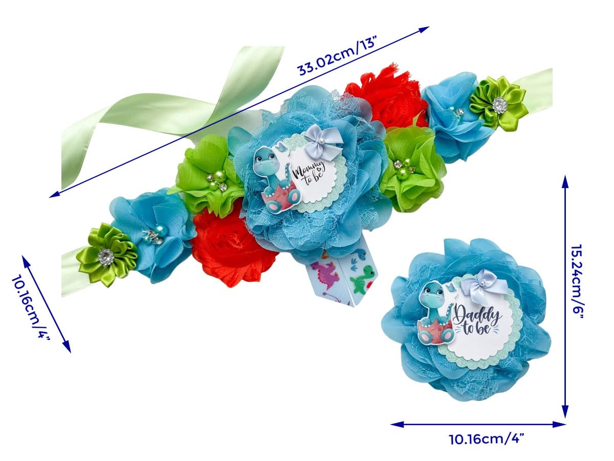 Blue Dinosaur Baby Shower Maternity Sash for Mom to Be - Dinosaur Theme Pregnancy Announcement Accessory with Matching Dad Pin - Perfect for Gender Reveals, Baby Showers & Maternity Photos