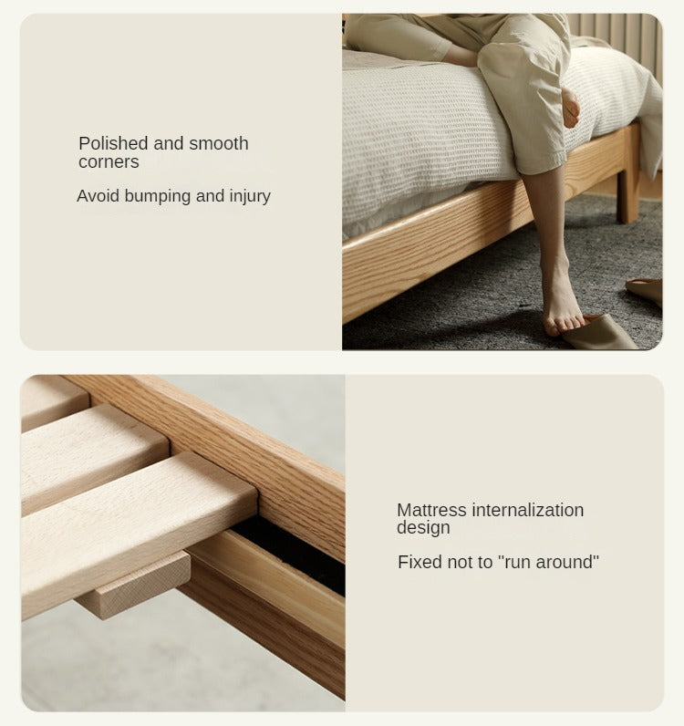 Solid Oak and Beech Wood Bed with Built-in LED Lights and Bookshelf - Modern Bedroom Furniture for Small Spaces, Lofts, and Studio Apartments