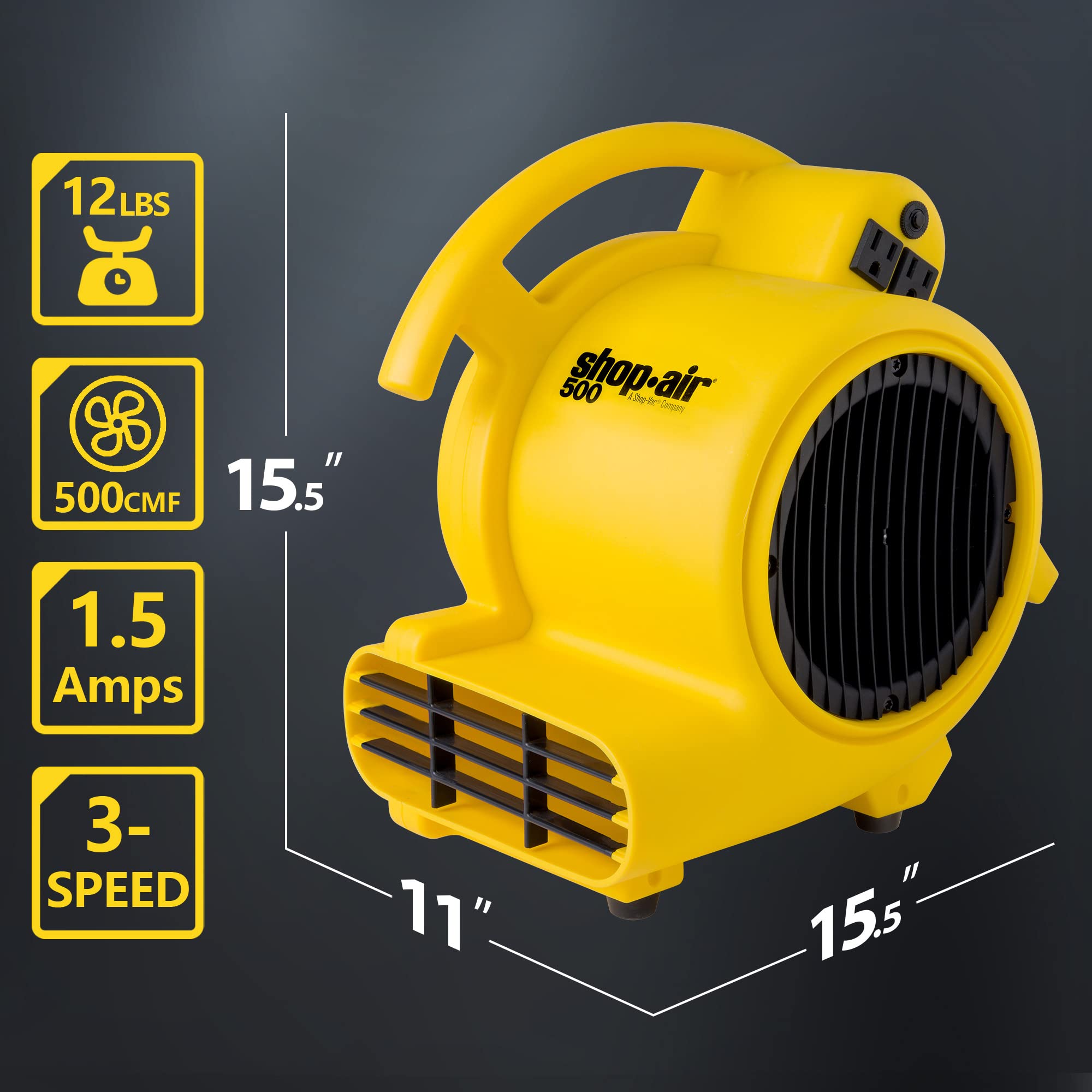 Shop-Vac 1032005 Shop-Air 3-Speed 500 CFM Air Mover - Heavy Duty Stackable Blower Fan for Floor Carpet Drying, Water Damage Restoration & Janitorial Use - Ideal for Home, Office & Commercial Spaces (1-Pack)