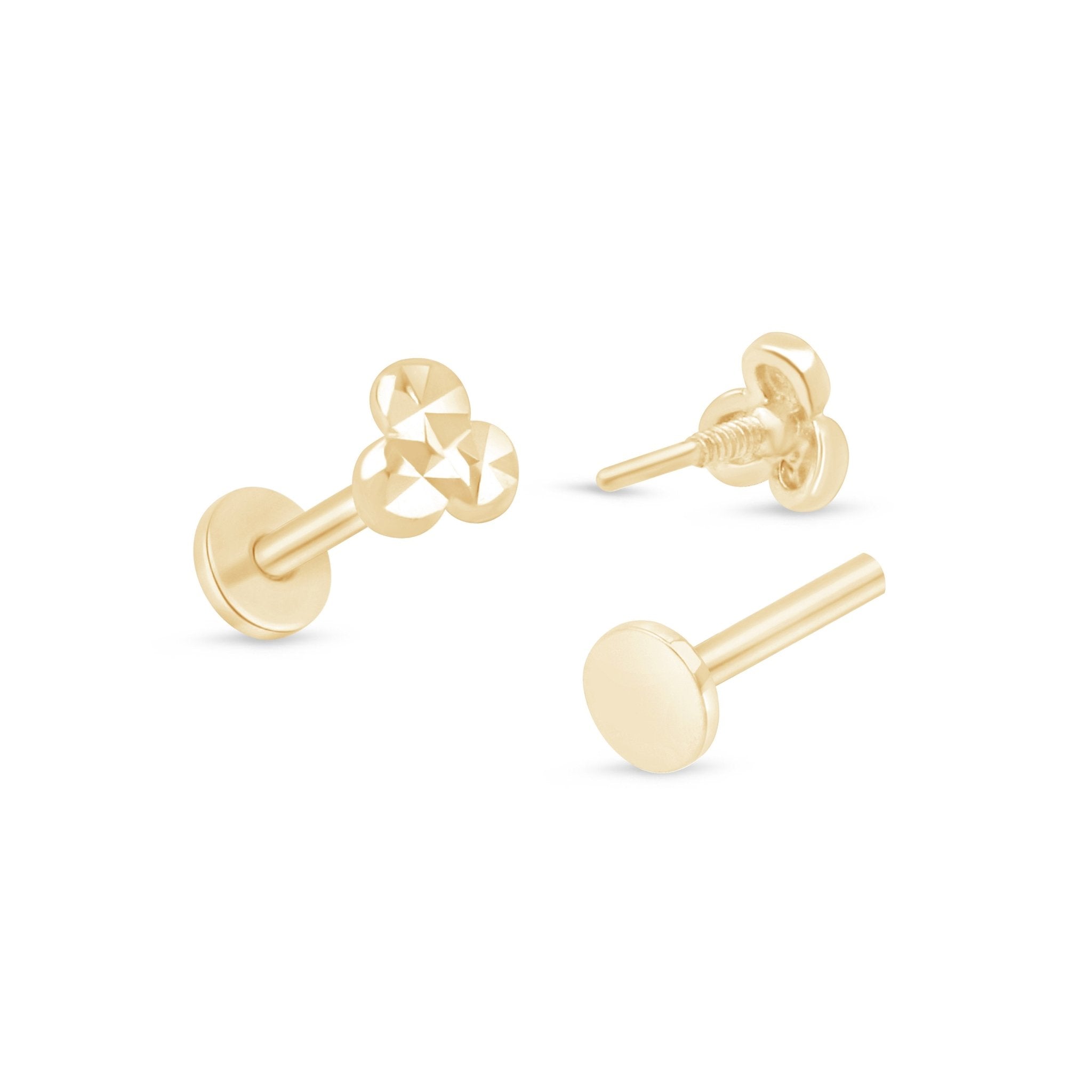 14K Yellow Gold Diamond Cut Trinity Flat Back Stud Earrings for Women - Perfect for Everyday Wear, Parties & Special Occasions