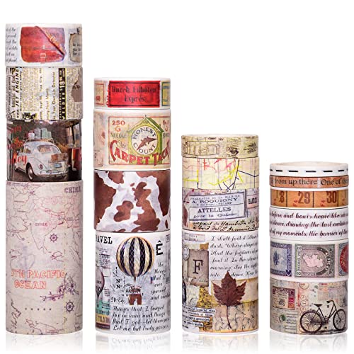 DAPUTOU Vintage Washi Tape Set - 18 Rolls (75/50/30/25/20/15/10/5mm) Old Map, Stamp, Letter, Newspaper Design - Antique Decorative Retro Masking Tape for Scrapbooking, Journaling, Bullet Journals, DIY Crafts, Gift Wrapping & Home Decor