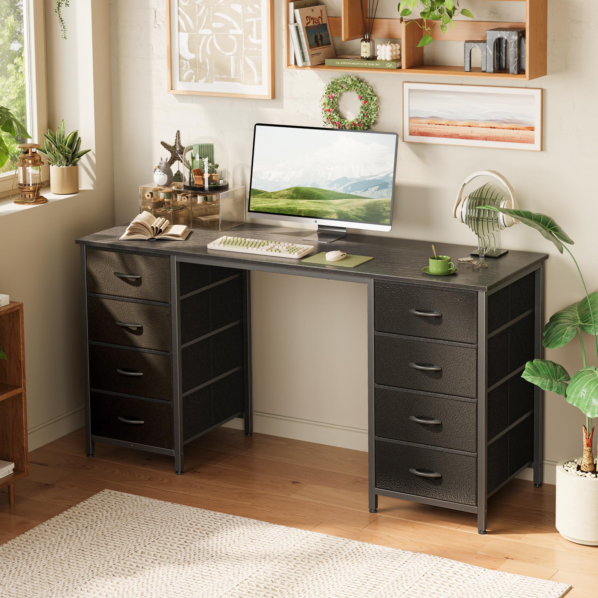 Huuger 55 Inch Computer Desk with 8 Fabric Drawers - Large Home Office Desk for Work, Study & Gaming - Black Storage Desk with Drawers | Perfect for Small Spaces, Remote Work & Gaming Setups