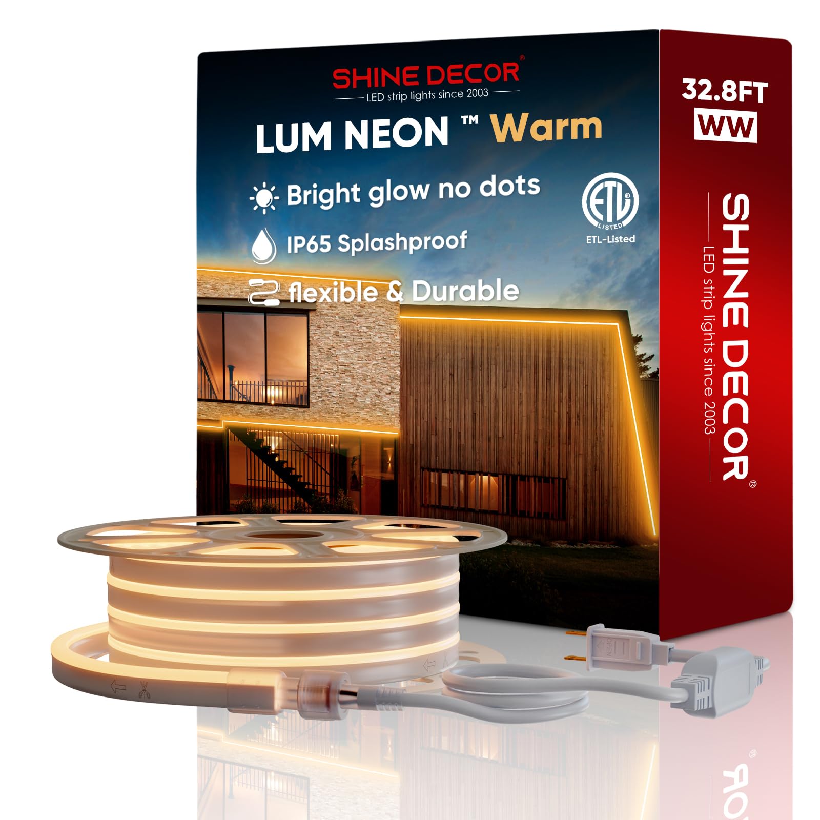 Shine Decor LED Neon Rope Lights AC 120V - Expandable & Cuttable 120LEDs/M Bright Strip Lighting - ETL Cold-Resistant & IP65 Waterproof for Indoor & Outdoor Use - 8x16mm, 2500K Warm White, 32.8ft - Perfect for Home Decor, Parties, Weddings, Bars, and Commercial Signage