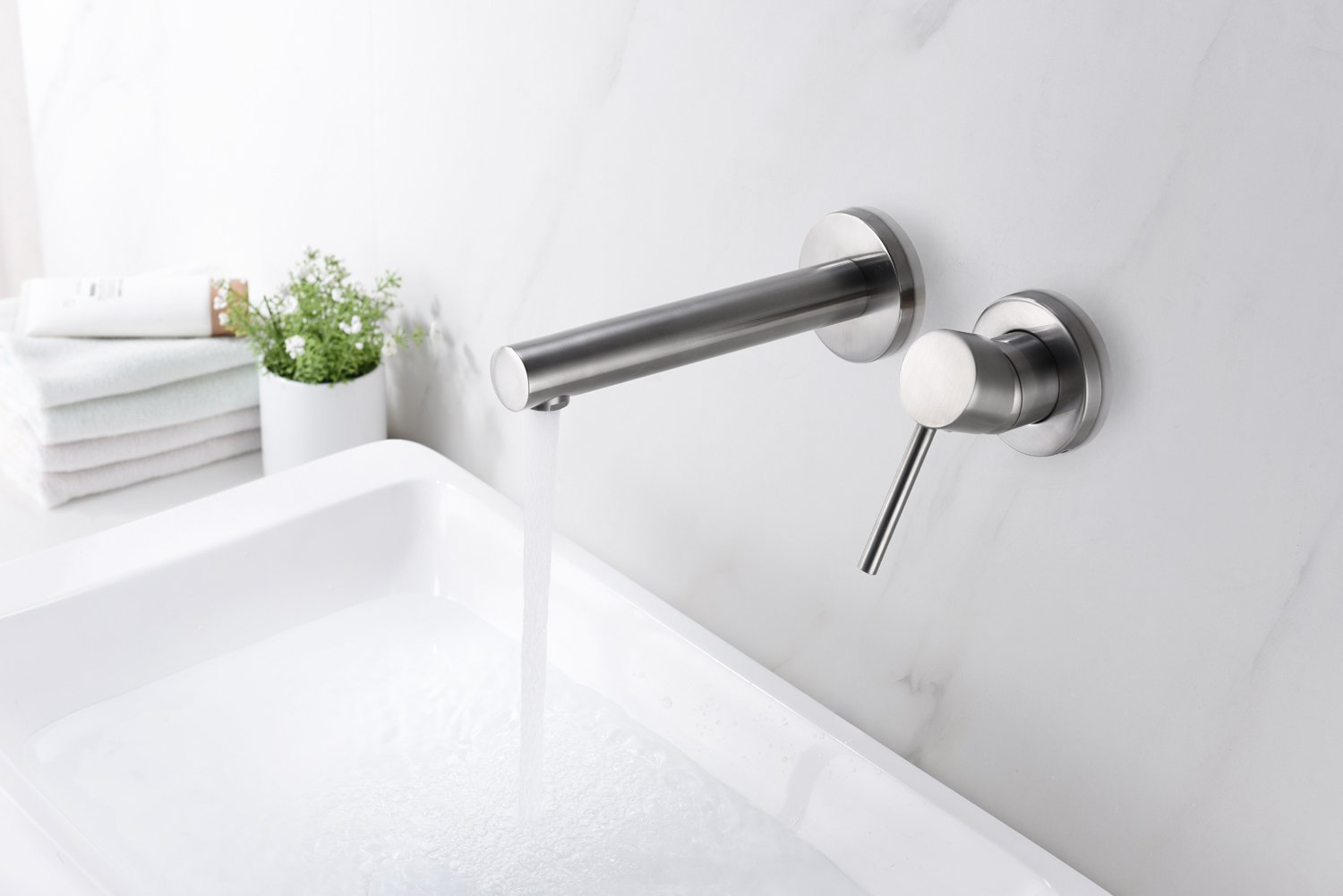 Sumerain Brushed Nickel Wall Mount Bathroom Faucet with Valve - Perfect for Modern Bathroom, Powder Room & Vanity Sink Installation