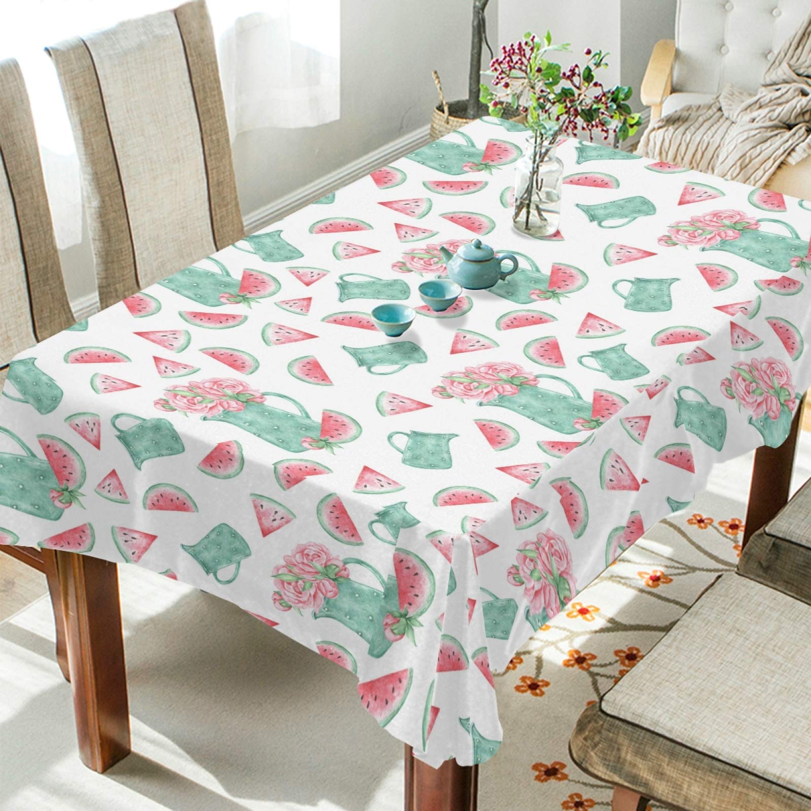 Cartoon Watermelon & Peony Flower Pink Polyester Tablecloth 60x120 Inch - Rectangle Table Cover for Party, Dinner, Wedding & Home Decor - Washable & Wrinkle-Resistant