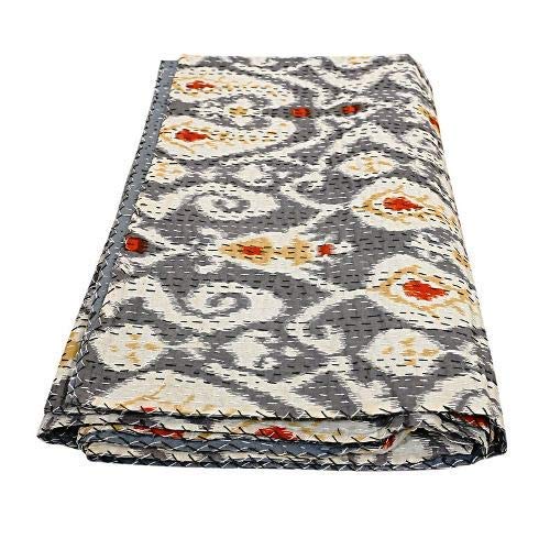 Handmade Indian Ikat Kantha Quilt - 100% Cotton King Size Bedspread & Boho Throw Blanket - Traditional Ralli Kantha Work Bed Cover for Bohemian Decor, Bedroom, Living Room, Sofa & Outdoor Use