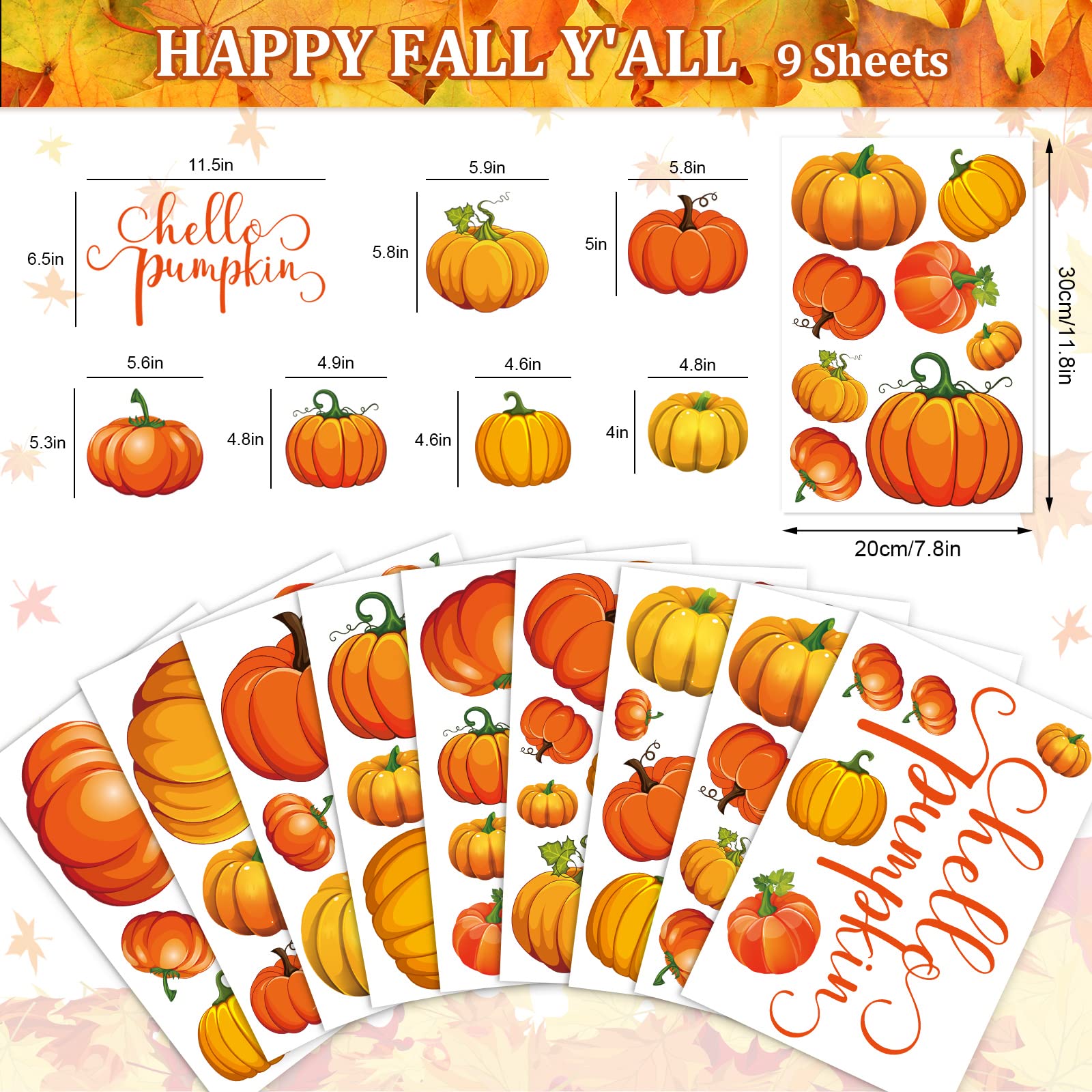 Whaline 9-Sheet Double-Sided Pumpkin Window Clings | Fall Autumn Thanksgiving Window Decals | Harvest Home Decor & Seasonal Gifts | Perfect for Halloween, Thanksgiving Decor & Classroom Activities
