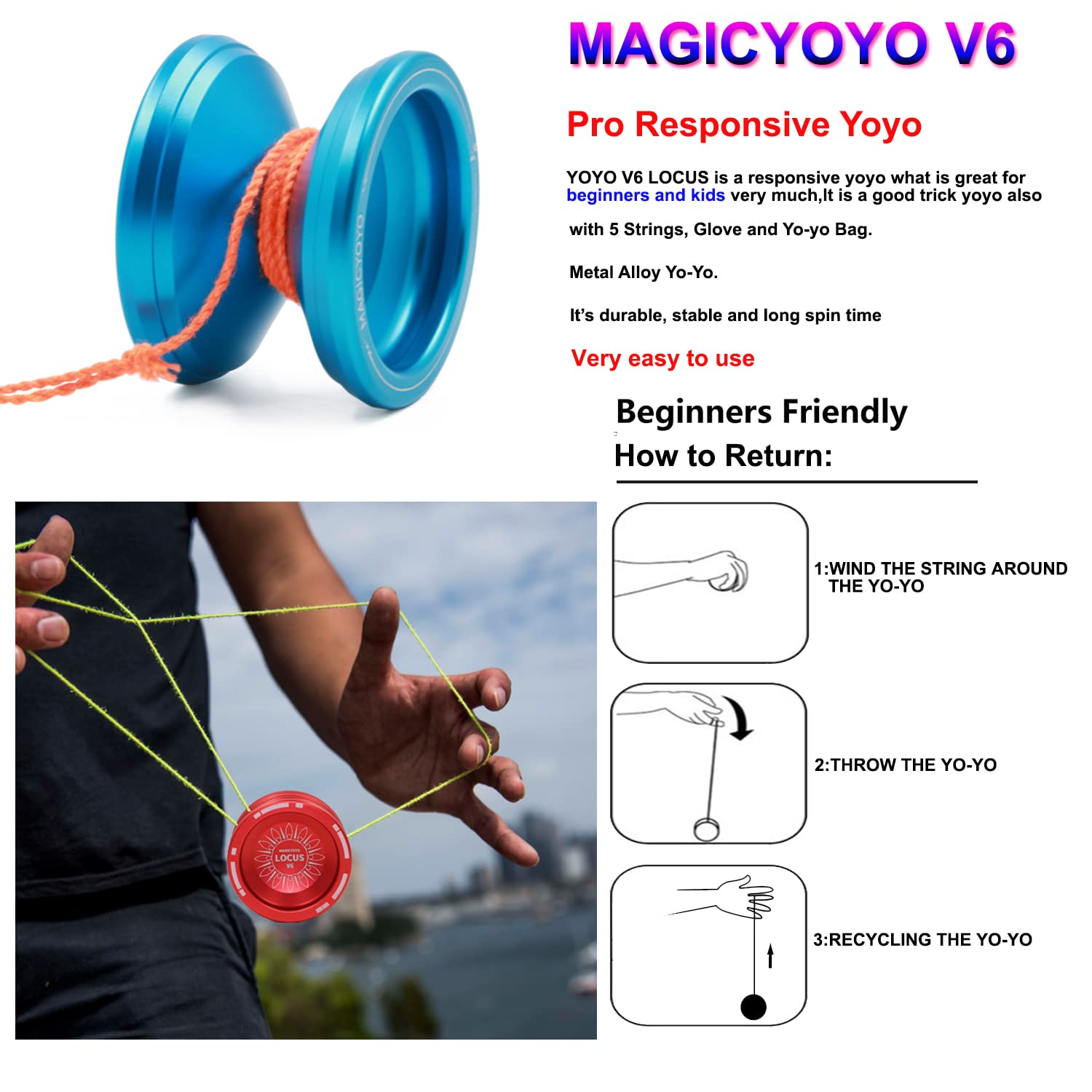 MagicYoYo V6 Locus Professional Metal Yo-Yo for Kids, Teens & Adults - Beginner to Advanced Level with Glove, Storage Bag & 5 Strings Kit (Deep Blue) - Perfect for Practice, Tricks, Competitions & Stress Relief