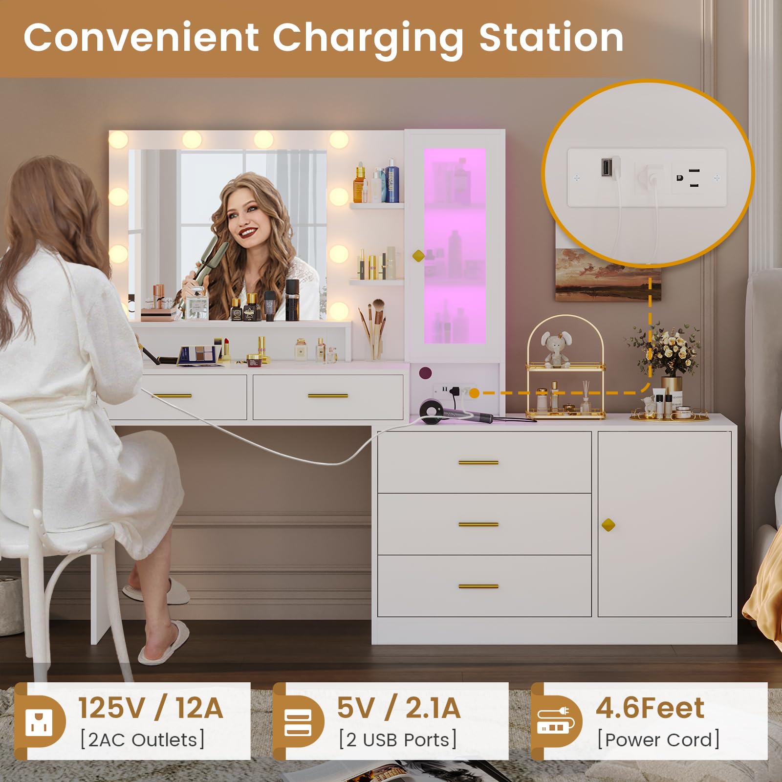 White Makeup Vanity Desk with LED Lights & Mirror - Large Vanity Table Set with 5 Drawers, Storage Shelves, Charging Station & RGB Cabinets - Perfect for Bedroom, Dressing Room & Beauty Salon Organization