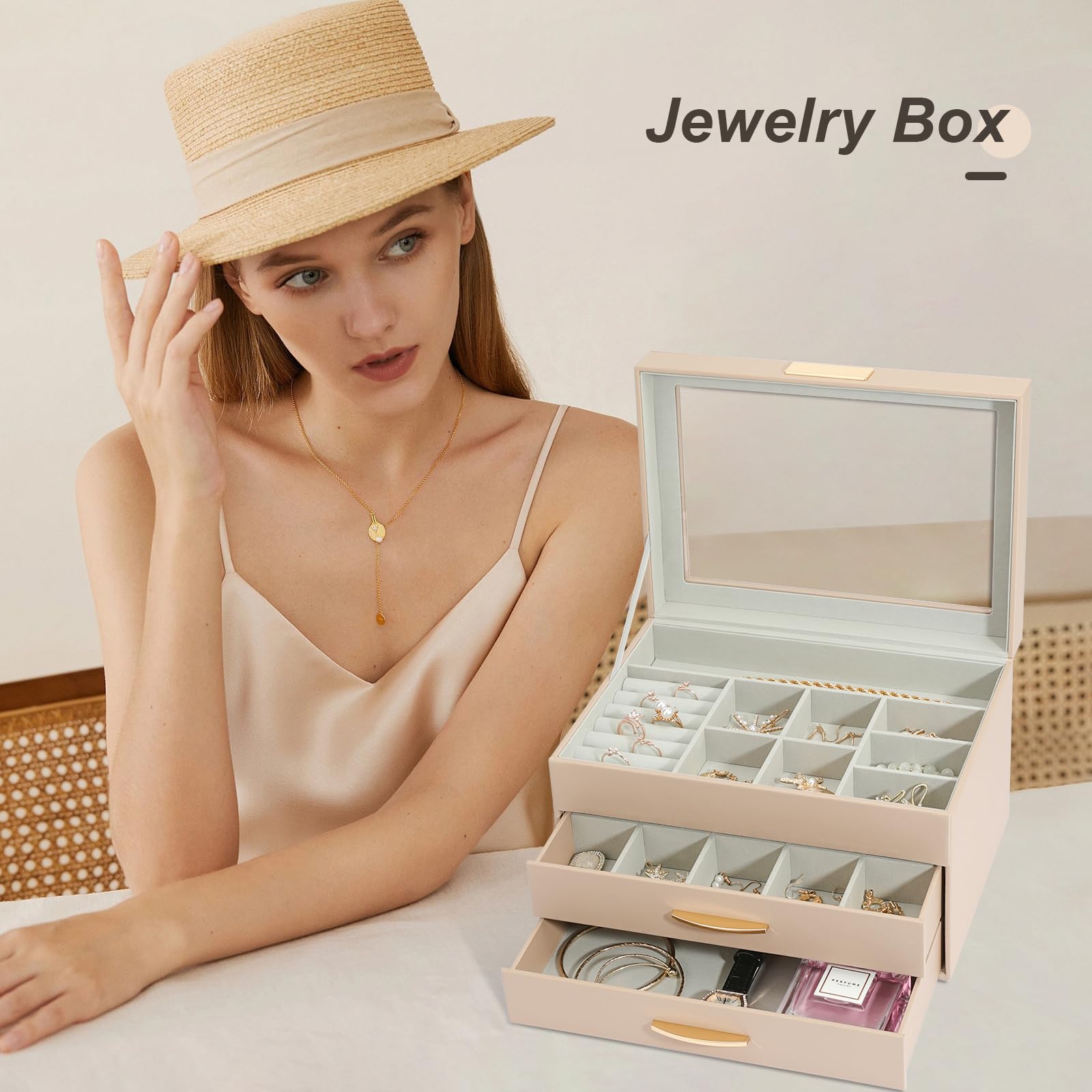 3-Tier Leather Jewelry Organizer Box with 2 Drawers - Large Capacity Jewelry Storage for Women & Girls (Apricot) | Perfect for Bedroom Vanity, Travel & Gift Giving