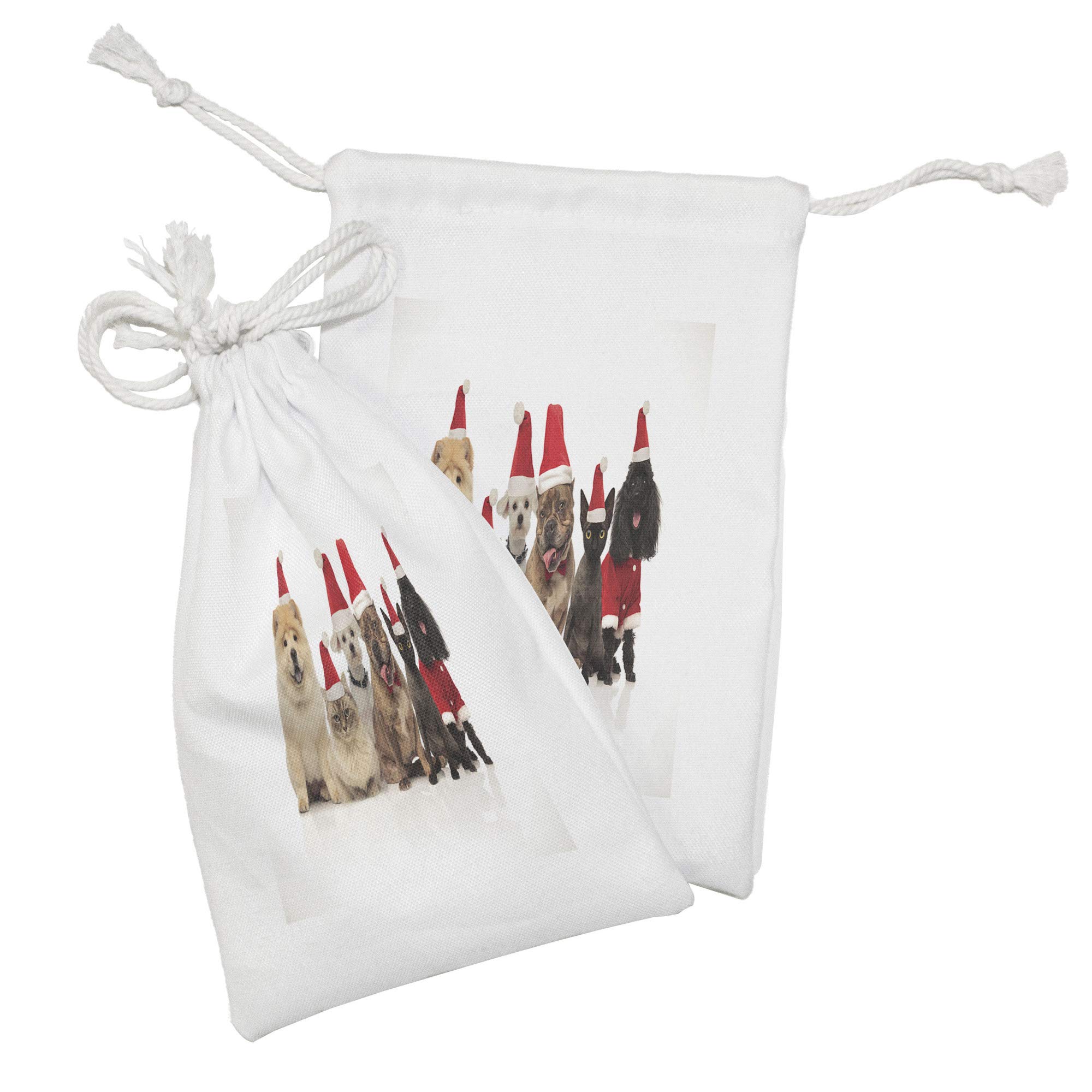 Ambesonne 2-Pack Pet Fabric Pouch Set - Christmas Santa Hat Dog & Cat Drawstring Bags for Toiletries, Masks, Jewelry & Party Favors (9
