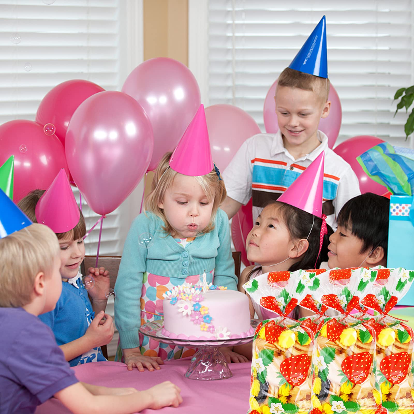 Strawberry Cellophane Bags 100Pcs with Twist Ties - Perfect for Candy, Cookies & Party Favors