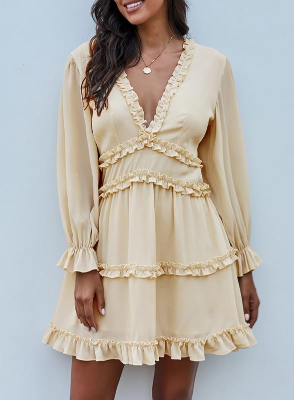 Dokotoo Women's 2025 Summer Spring Deep V-Neck Ruffle Long Sleeve Open Back Flowy Mini Dress - Sexy Party Cocktail Dress for Night Out, Date Night & Vacation