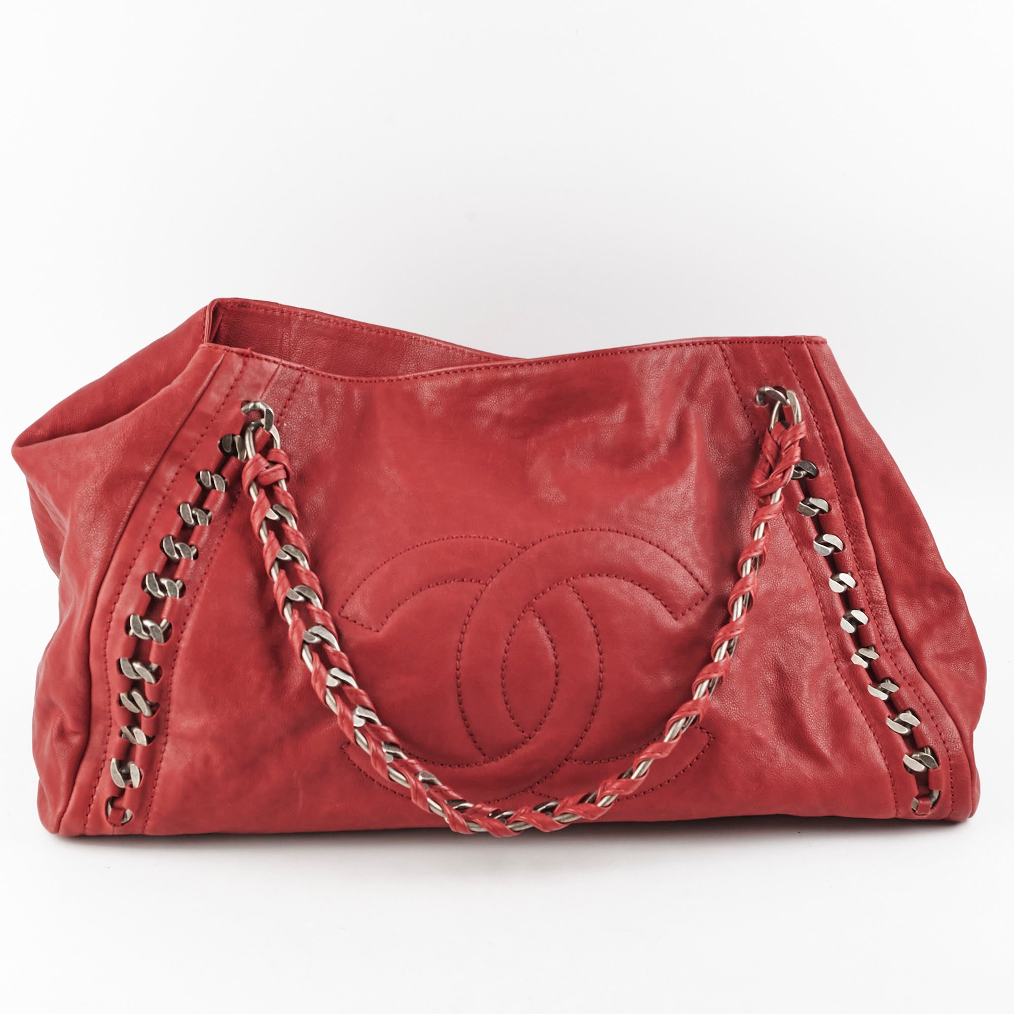 Chanel CC Chain Leather Tote Bag - Genuine Leather Luxury Handbag for Women, Red | Perfect for Work, Travel & Everyday Use