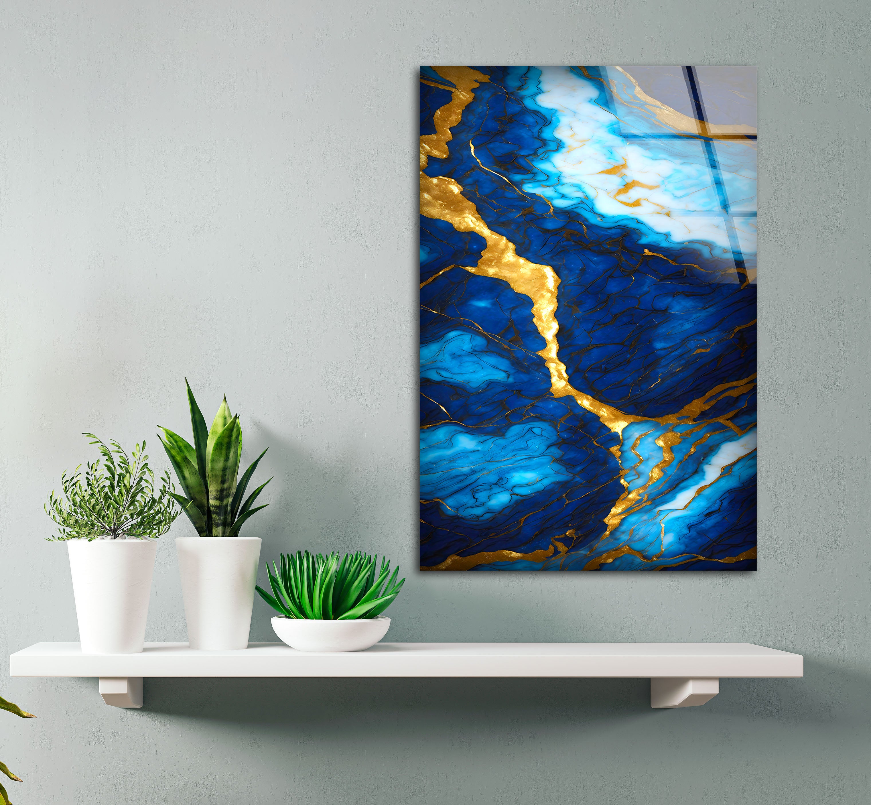 Blue and Gold Marble Wall Art - Elegant Glass Print with Rich Veins & Deep Texture | Modern Luxury Home Decor for Living Room, Bedroom & Office