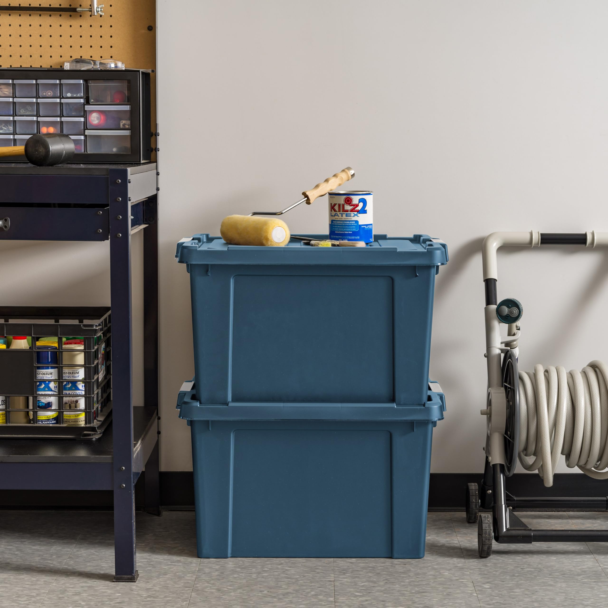 IRIS USA 20 Gallon Heavy Duty Stackable Storage Bins with Lids, 4-Pack Eco-Friendly Lockable Containers - Made in USA, Garage Organization, Moving Boxes, Equipment Storage - Navy Blue - Perfect for Home, Office, and Warehouse Organization