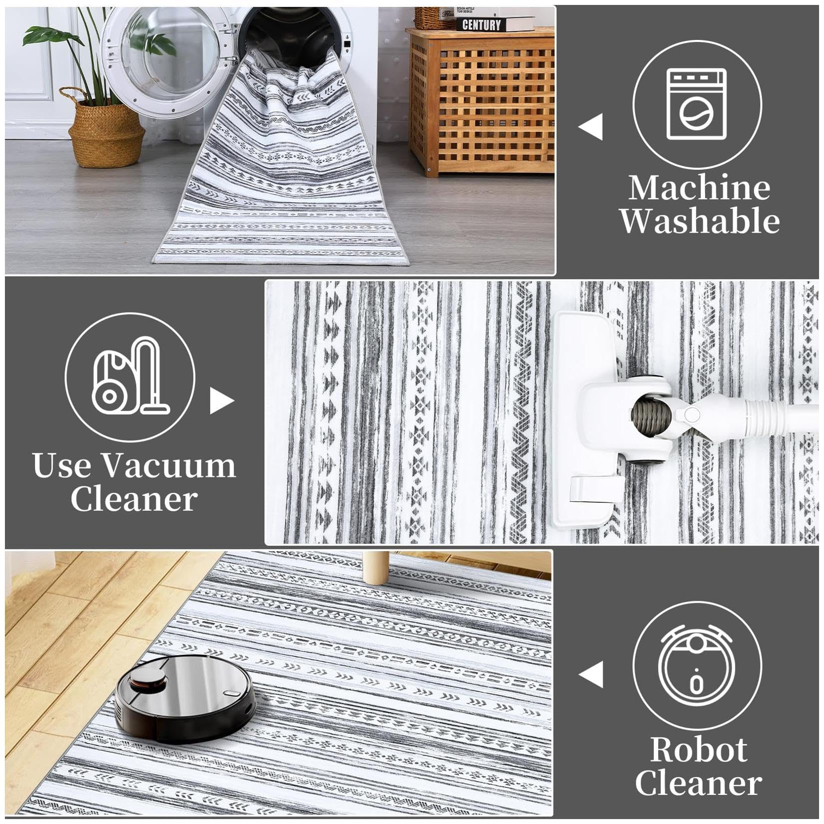 GARVEE 3x5 Washable Boho Area Rug - Non-Slip Low Pile Carpet for Living Room, Bedroom & Kitchen - Soft Grey Modern Rug for Home Decor & Cozy Spaces