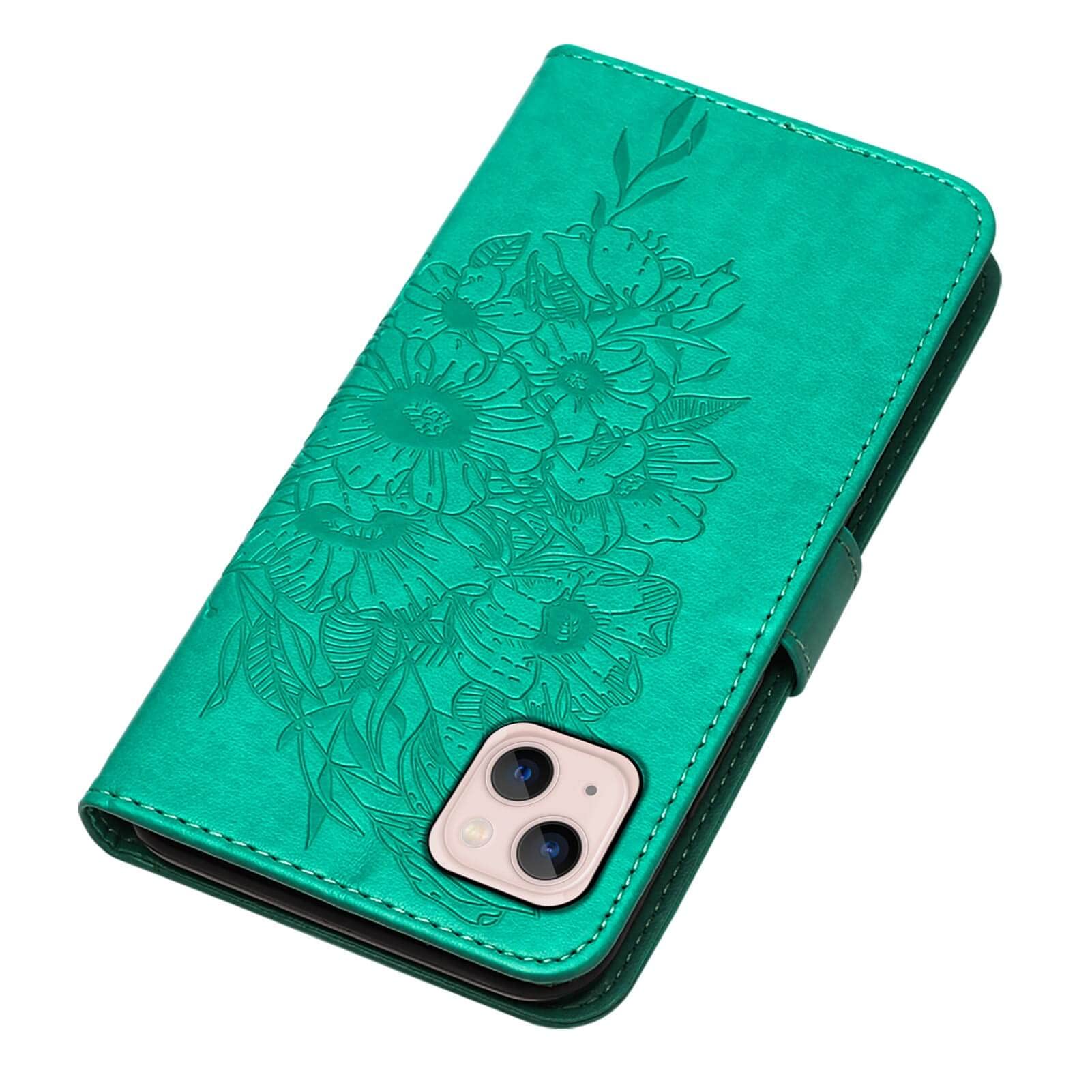 Butterfly Floral Embossed Leather Wallet Phone Case for iPhone 13/14 with Wrist Strap, Card Holder Slots & Stand - Protective Flip Cover (Green) | Perfect for Everyday Use, Travel & Hands-Free Viewing
