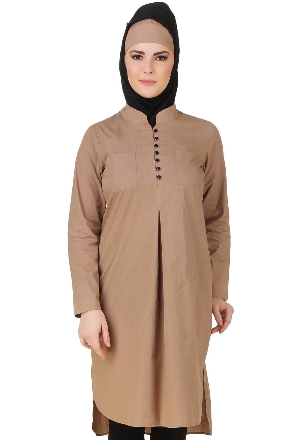 Afnan Cotton Khaki Tunic for Women - Soft Casual Long Shirt Top with Side Slits | Perfect for Work, Travel & Everyday Wear